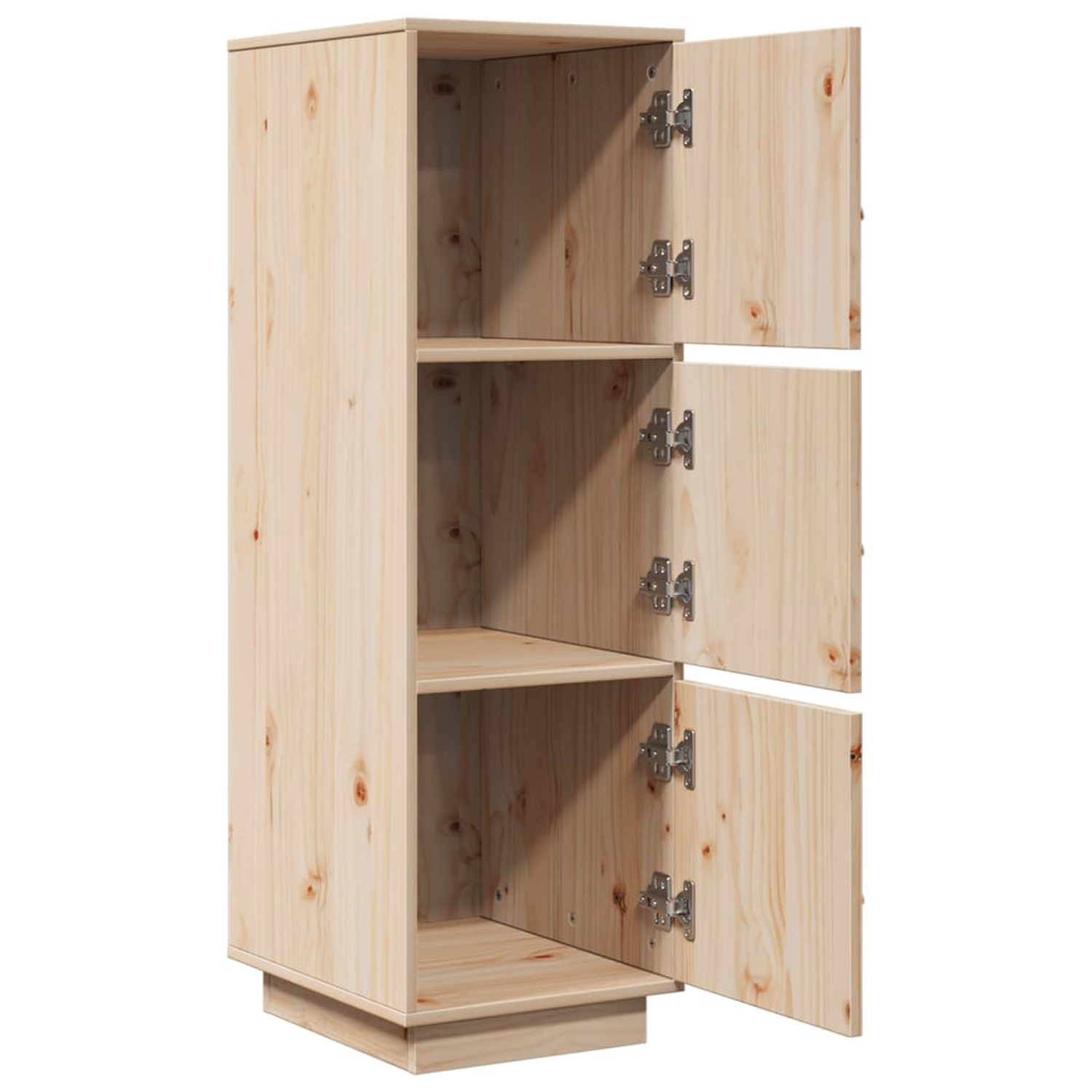 Ein Holzschrank mit drei offenen Türen, die Regale freigeben.