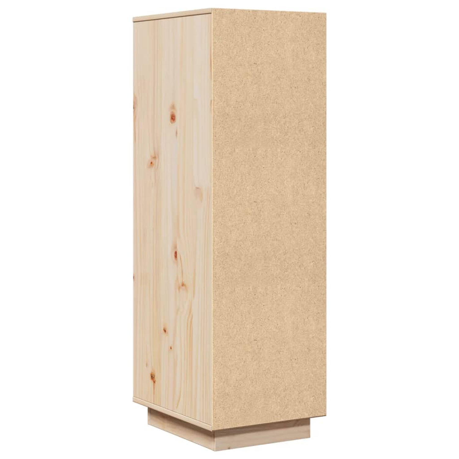 Hoher, hellbrauner Holzschrank mit hellbraunem Sockel. Eine Seite hat Holzstruktur.