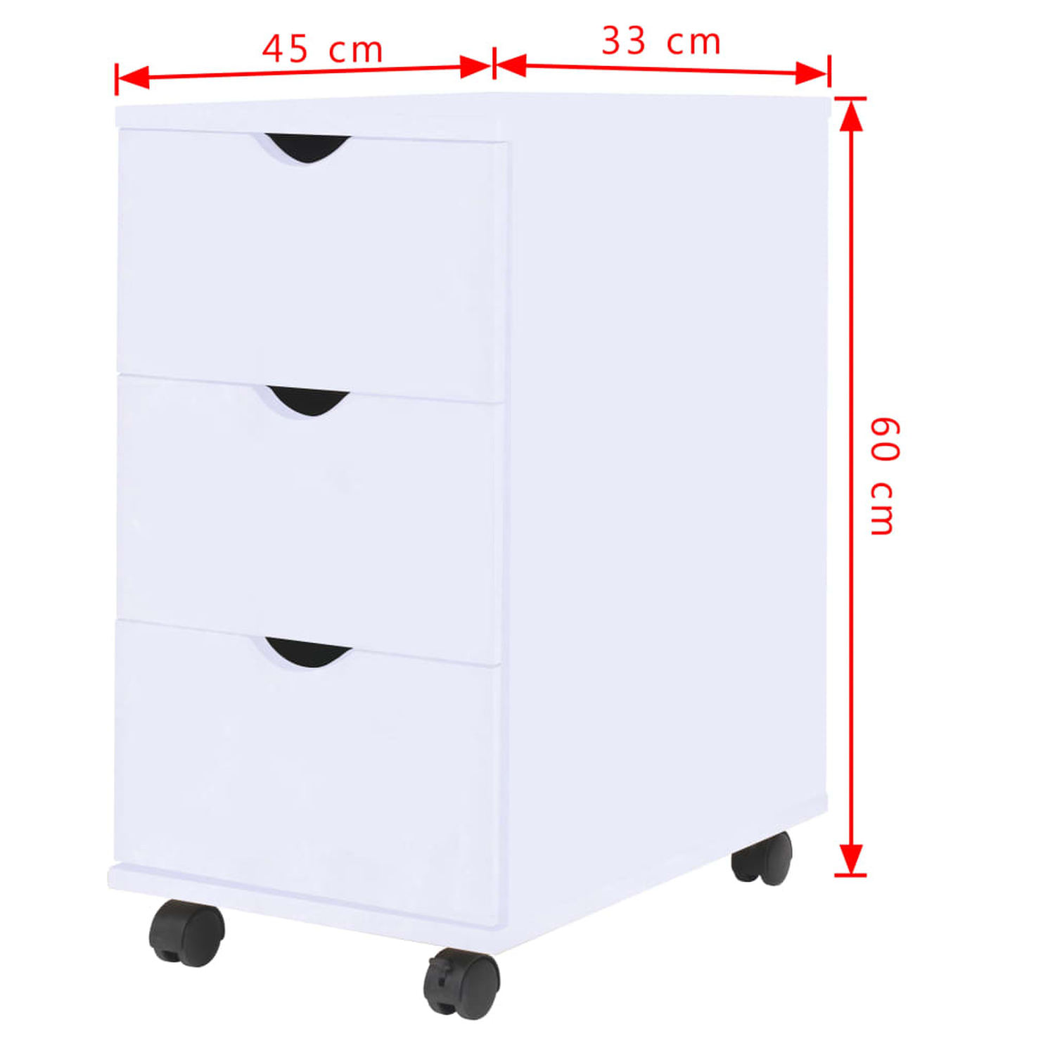 Weißer Schrank mit drei Schubladen und Rollen. Abmessungen sind angegeben.