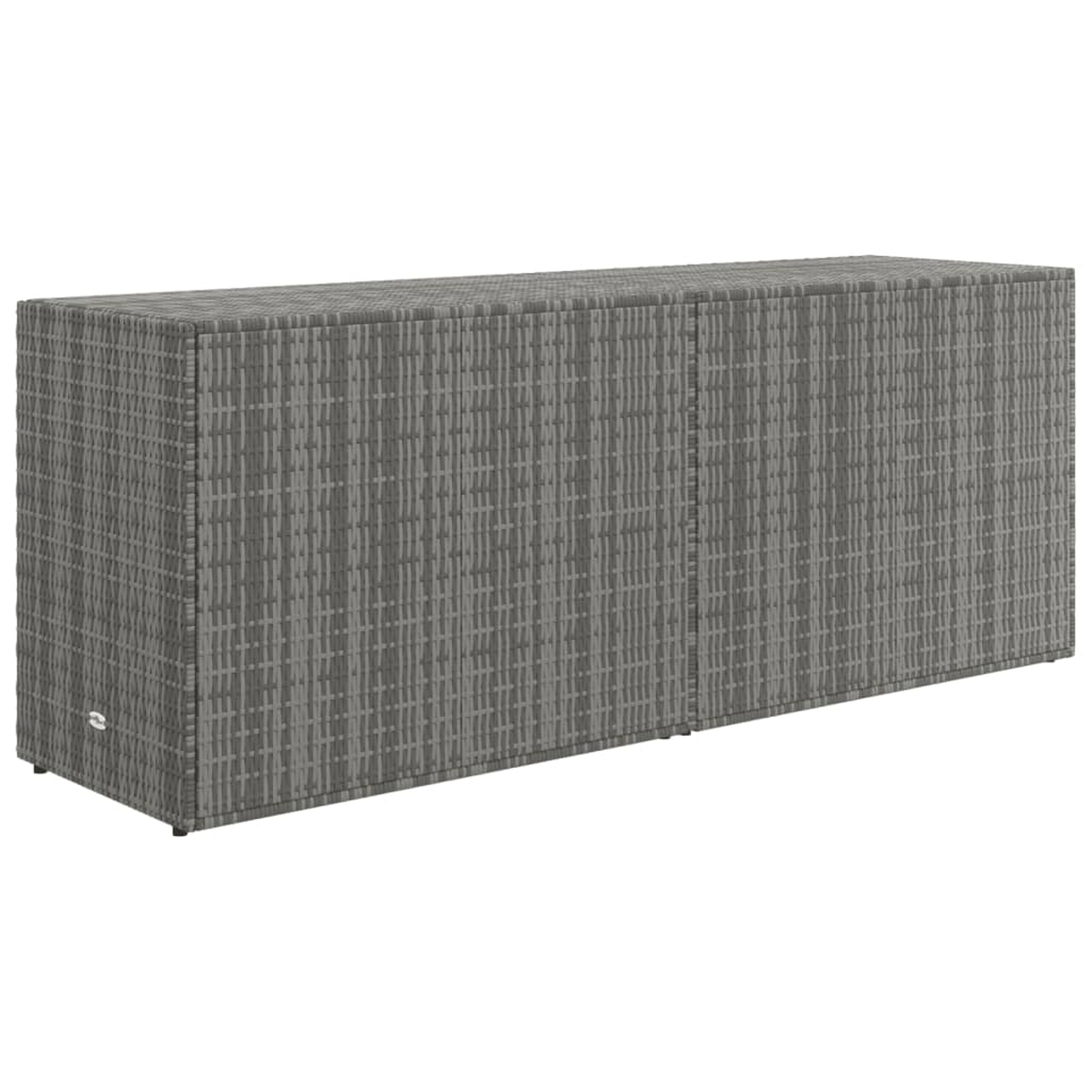 Eine graue, strukturierte, rechteckige Outdoor-Aufbewahrungsbox mit einem gewebten Muster.