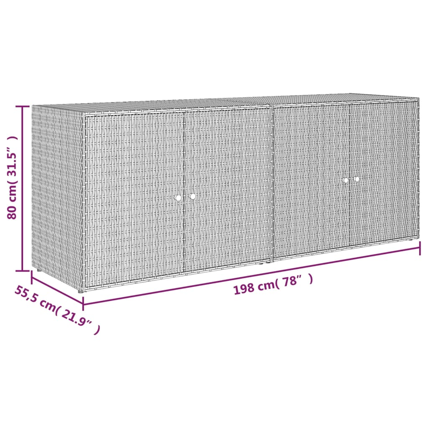 Ein großer Outdoor-Stauschrank, mit angegebenen Maßen.
