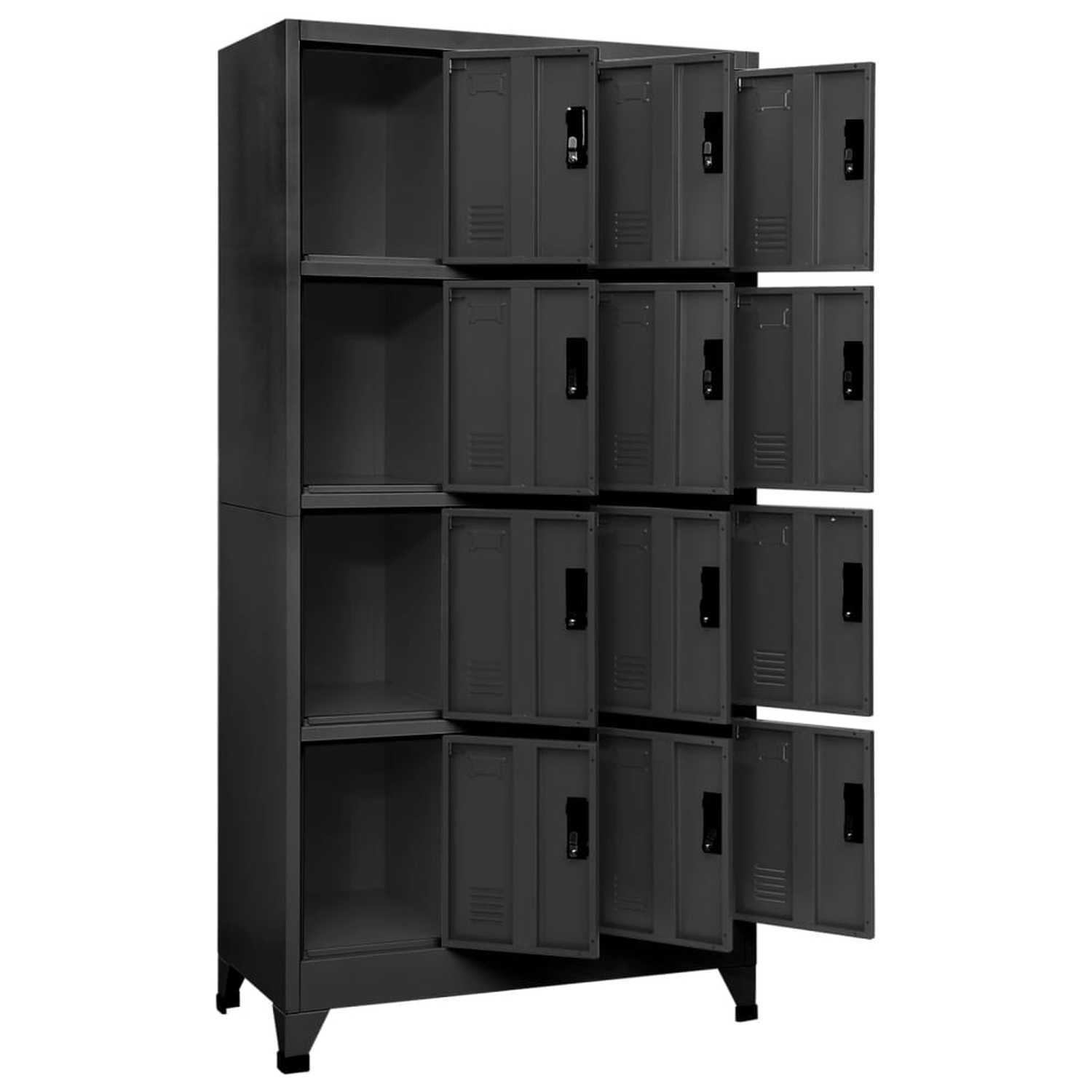 Ein dunkelgrauer Schrank mit zwölf offenen Türen. Schwarze Griffe, schwarze Füße. Weißer Hintergrund.