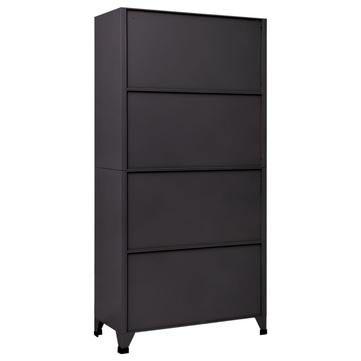 Ein hoher, dunkelgrauer Schrank mit vier Abschnitten. Er hat ein schlichtes, modernes Design.