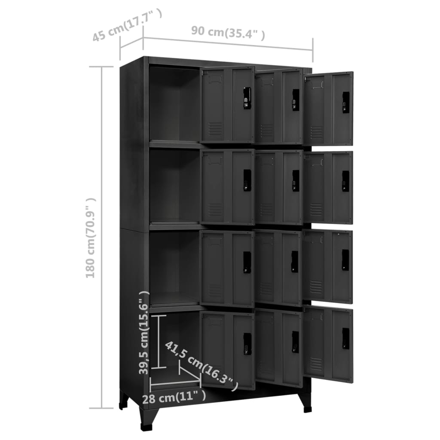 Ein hoher Metall-Stauraumschrank mit mehreren Türen. Abmessungen sind angegeben.