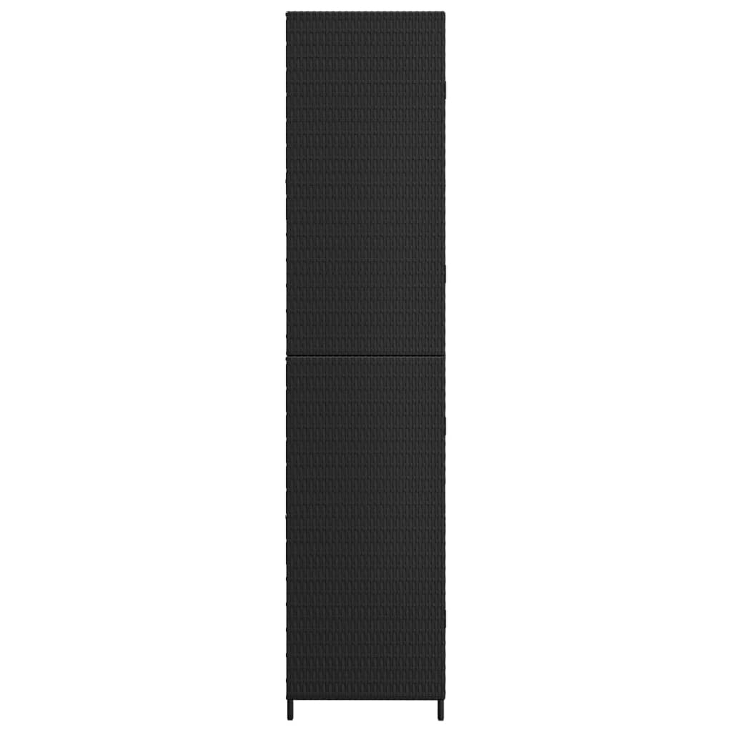 Schwarzer, hoher, schmaler Schrank mit gewebter Textur. Er hat ein schlankes, modernes Design.