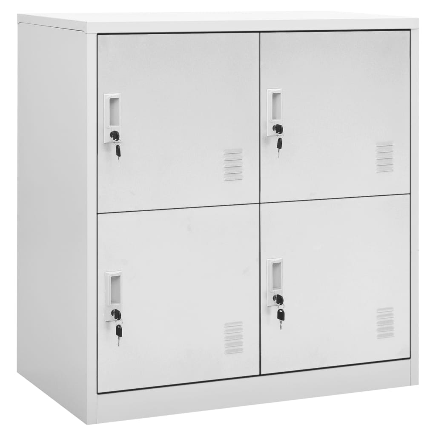Weißer Metallschrank mit vier Türen, jede mit Schlüsselschloss und Lüftungsschlitzen.