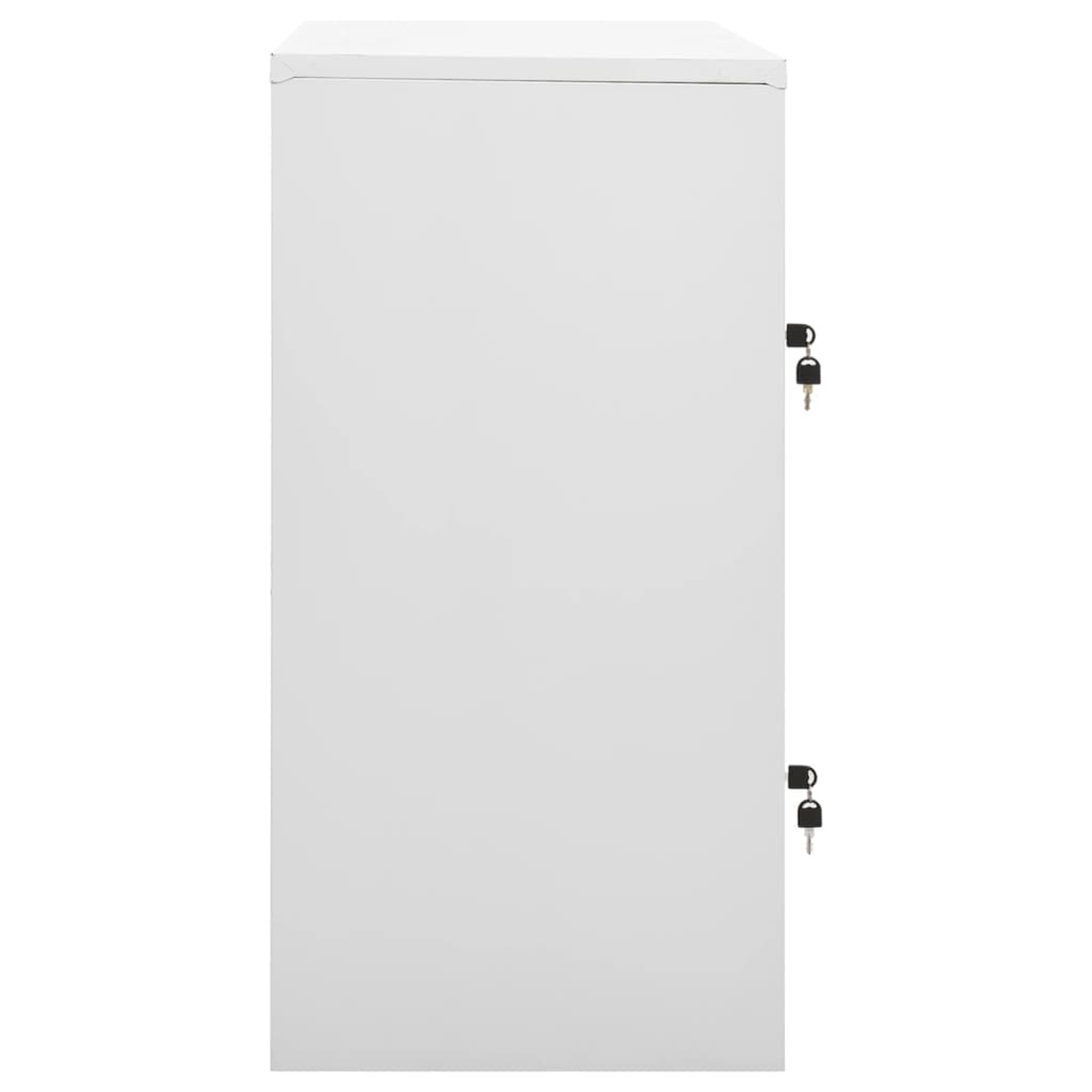 Weißer Schrank mit zwei Türen und Schlüsseln. Es ist ein hoher Schrank. Die Türen sind geschlossen.