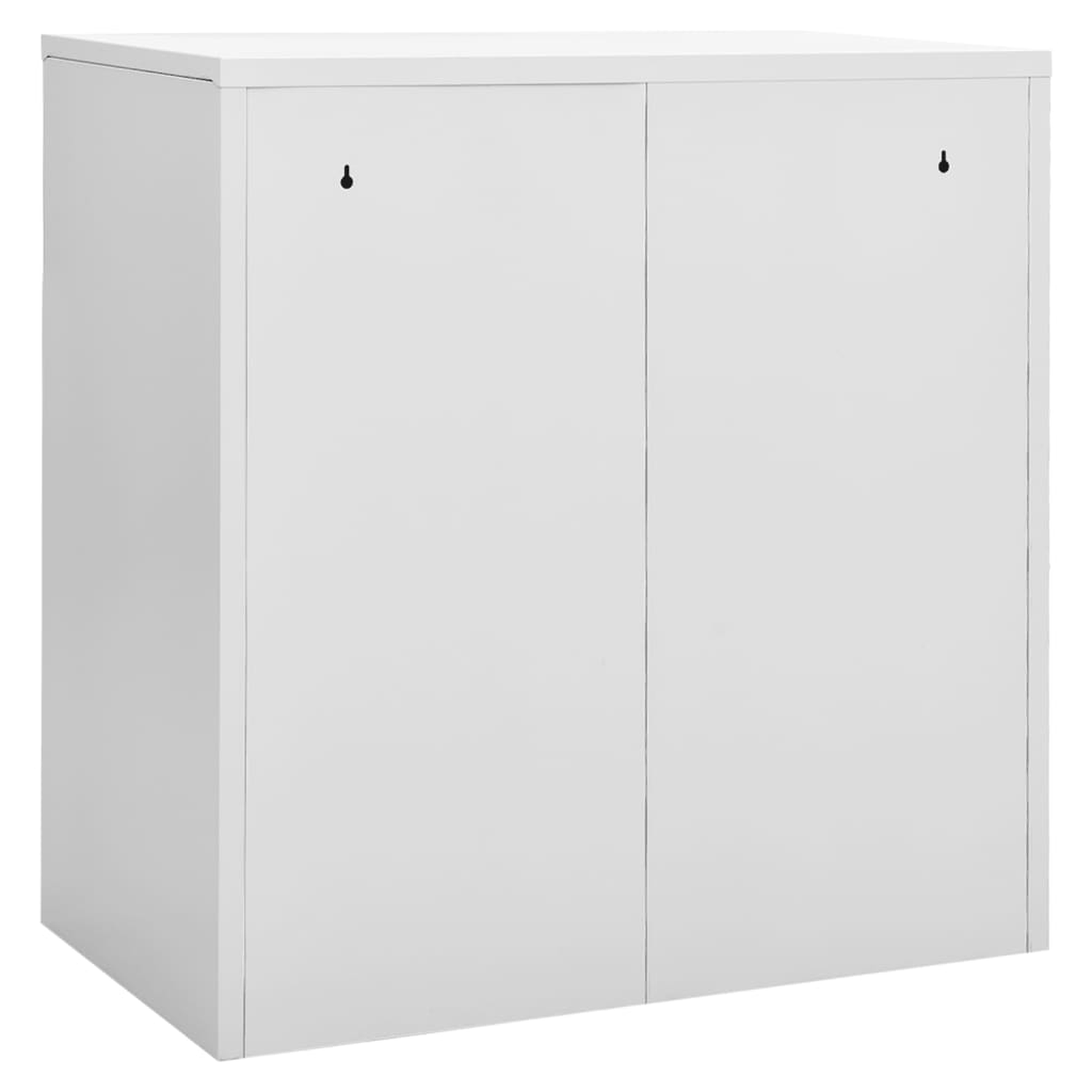 Ein weißer Schrank mit zwei Türen. Oben sind zwei kleine Löcher zum Aufhängen.