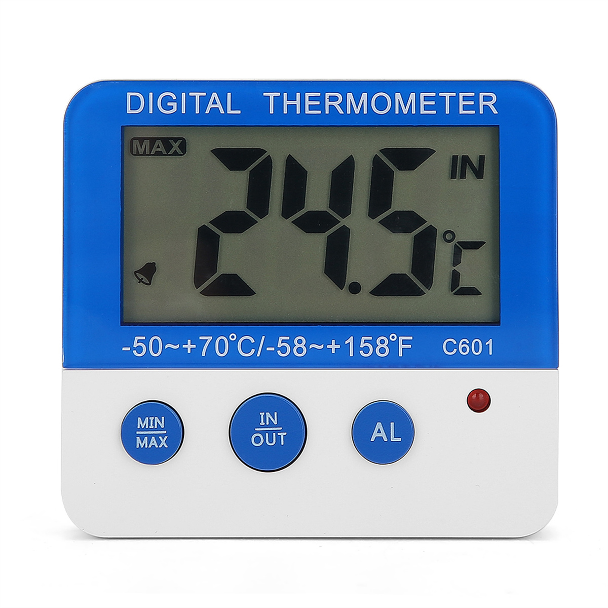 Digitales Thermometer, das 24,5°C anzeigt, mit blau-weißem Gehäuse, Knöpfen und rotem Licht.