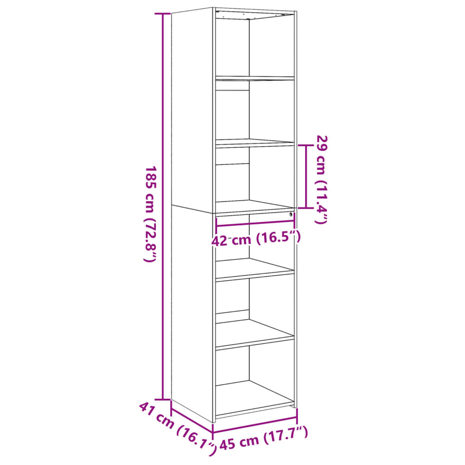 Weißer Schrank mit Abmessungen in cm und Zoll auf weißem Hintergrund.