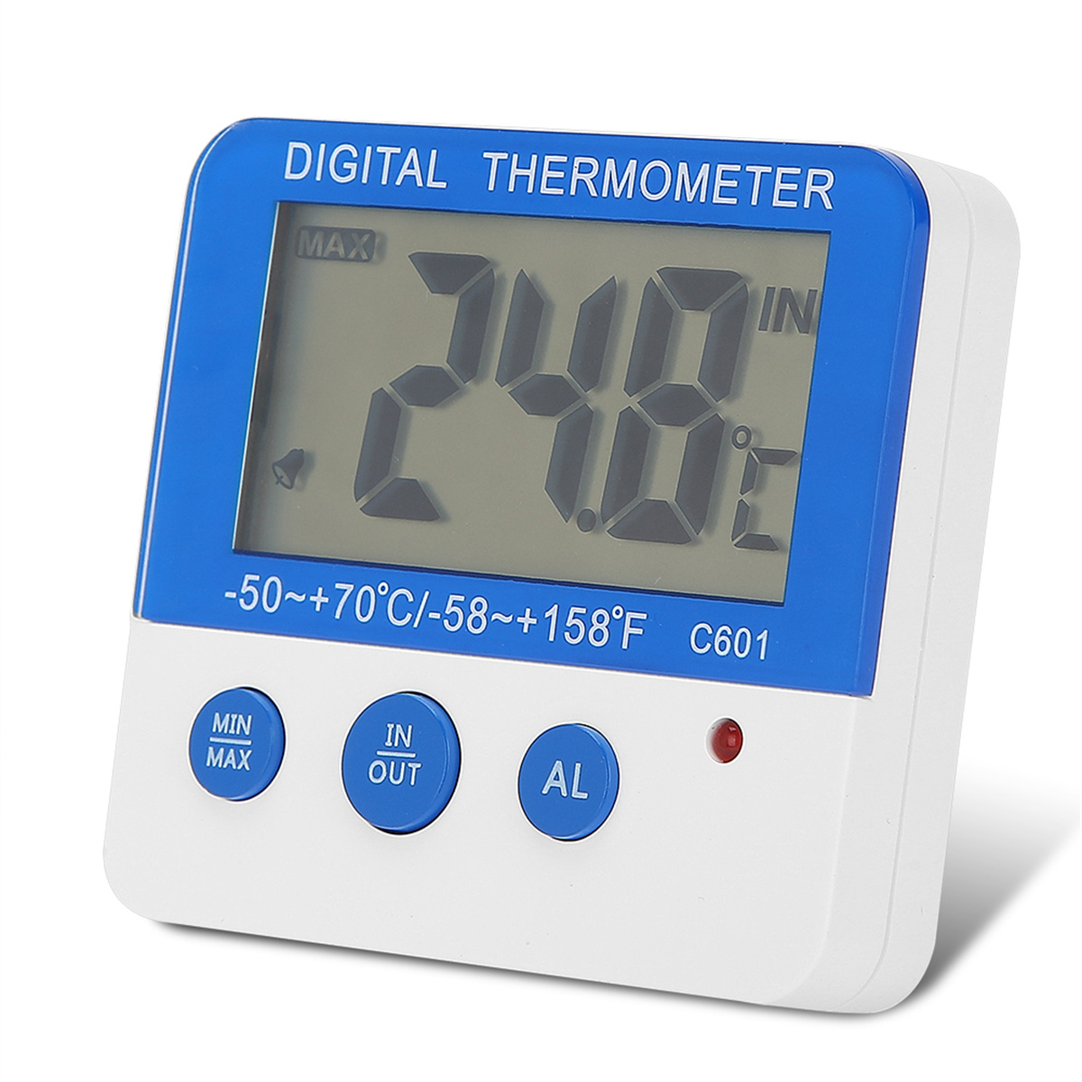 Ein digitales Thermometer, das 24,8 Grad Celsius anzeigt. Es hat Knöpfe und ein kleines rotes Licht.