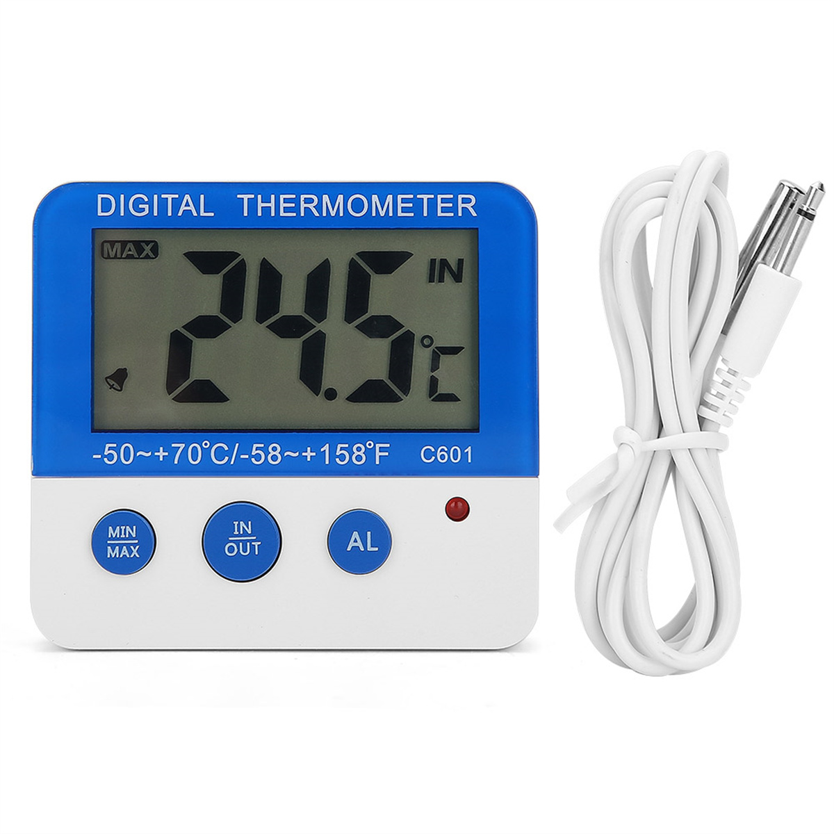 Digitales Thermometer mit Temperaturanzeige und einem kabelgebundenen Sensor.