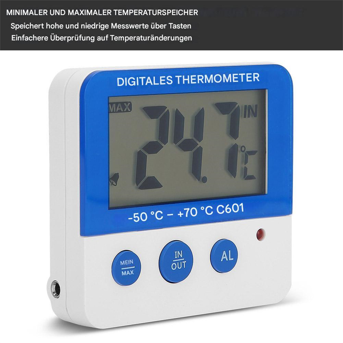 Digitales Thermometer mit 24,7 Grad. Es hat ein blau-weißes Gehäuse mit Tasten und einem Bildschirm.