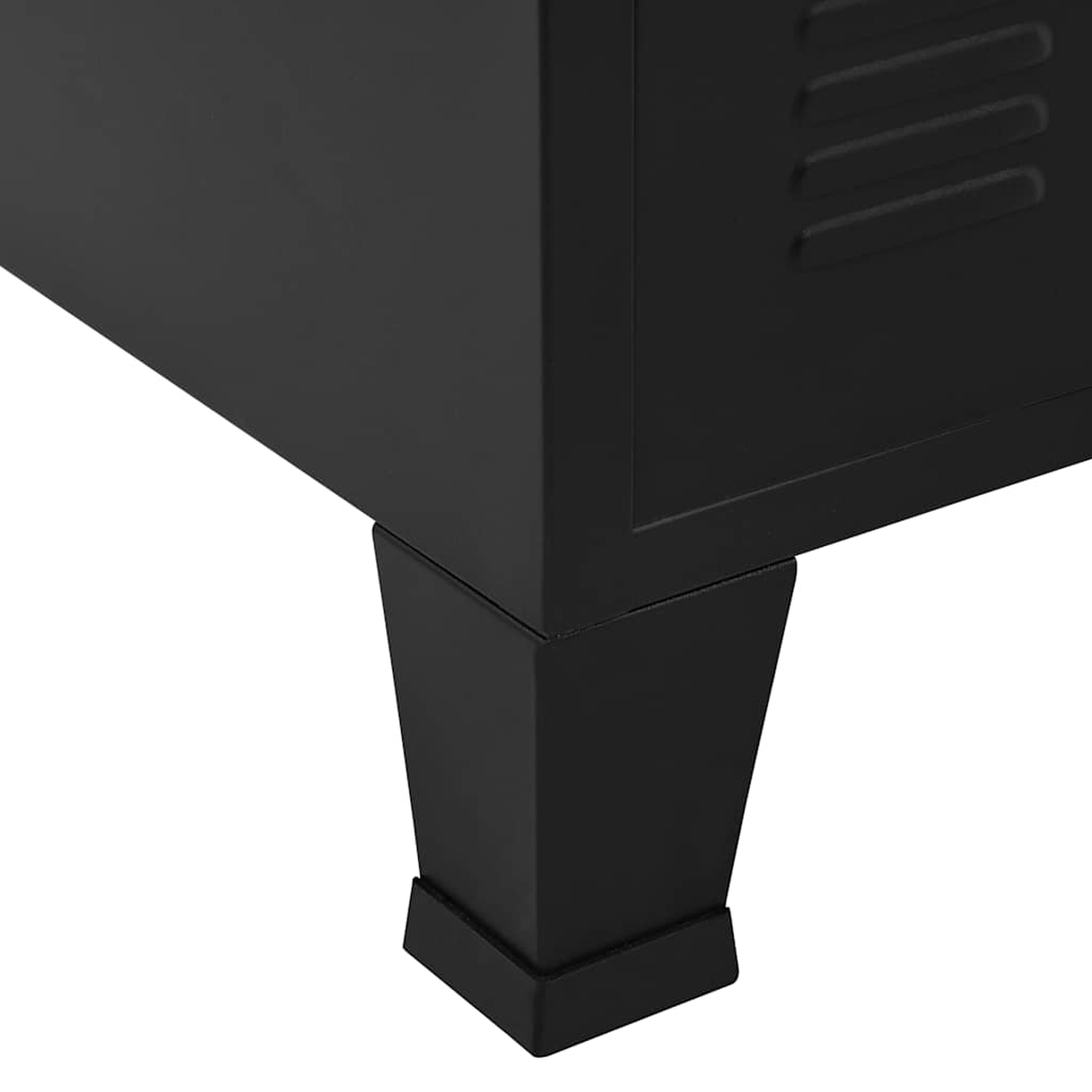 Schwarzes Metallschrankbein, quadratisch mit kleinem Sockel.