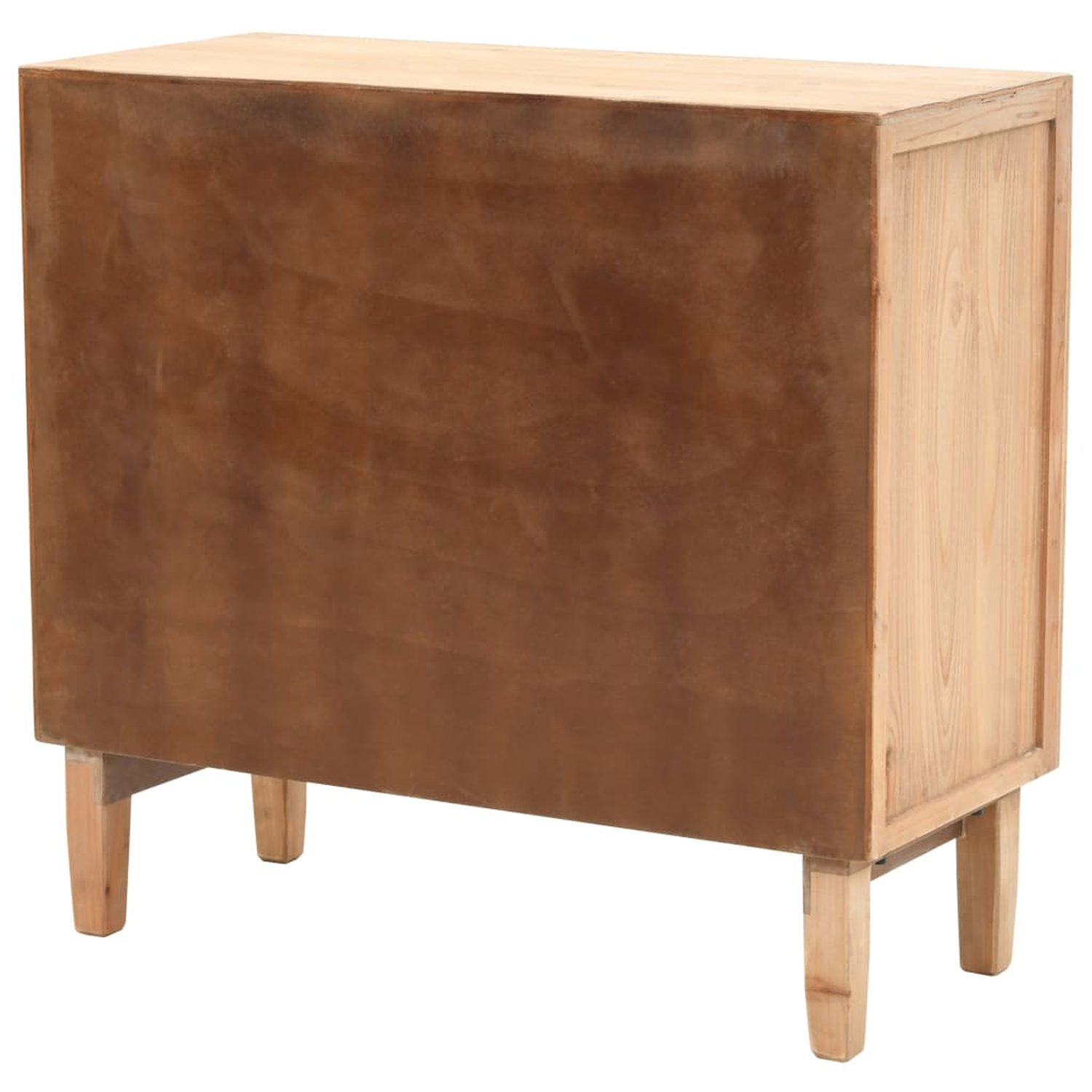 Holzschrank mit vier Beinen. Rückseite und Seiten hellbraun, Vorderseite dunkler.