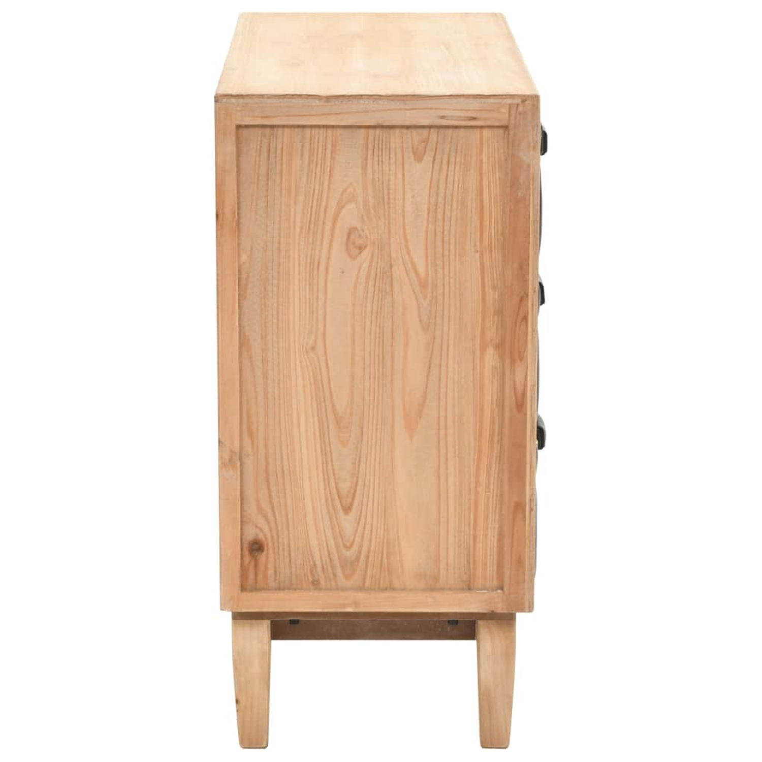 Seitenansicht eines hellen Holzschranks mit vier Schubladen und vier Beinen. Der Schrank steht auf weißem Hintergrund.