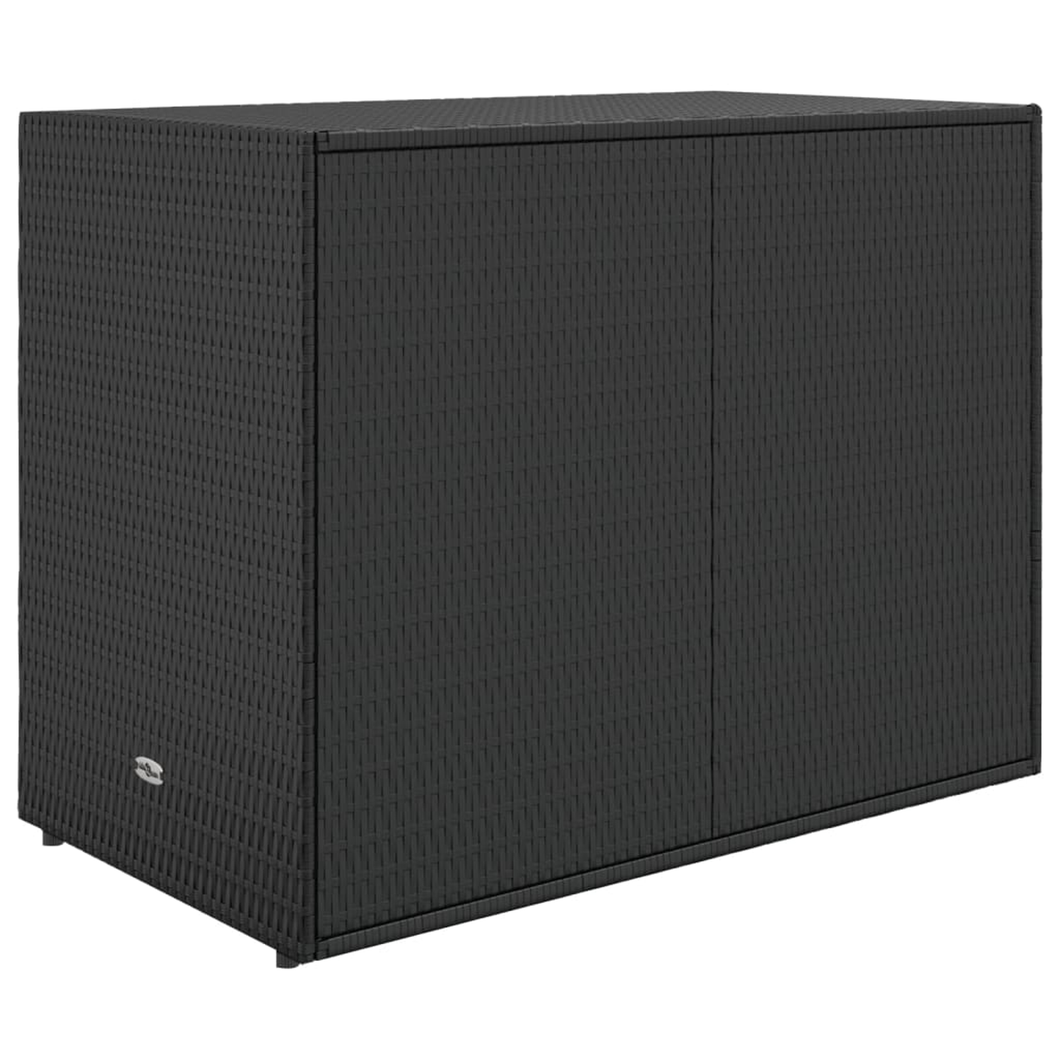 Schwarzer Rattan-Schrank mit zwei Türen. Der Schrank ist rechteckig.