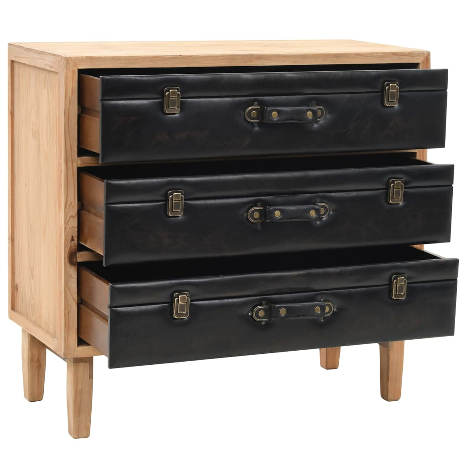 Holzkommode mit drei schwarzen Schubladen im Kofferstil. Schubladen haben Griffe und Metallverschlüsse.