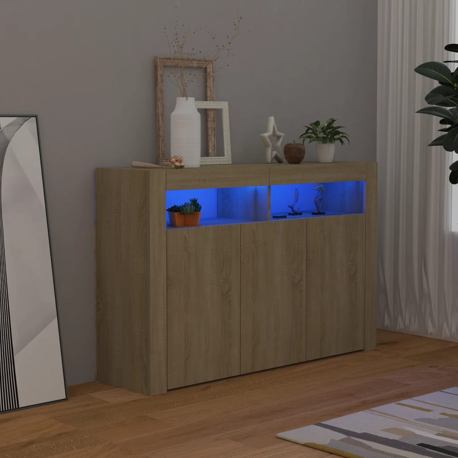 Ein Holzschrank mit blauer Beleuchtung. Dekorationen oben, Pflanzen und ein weißer Hintergrund.