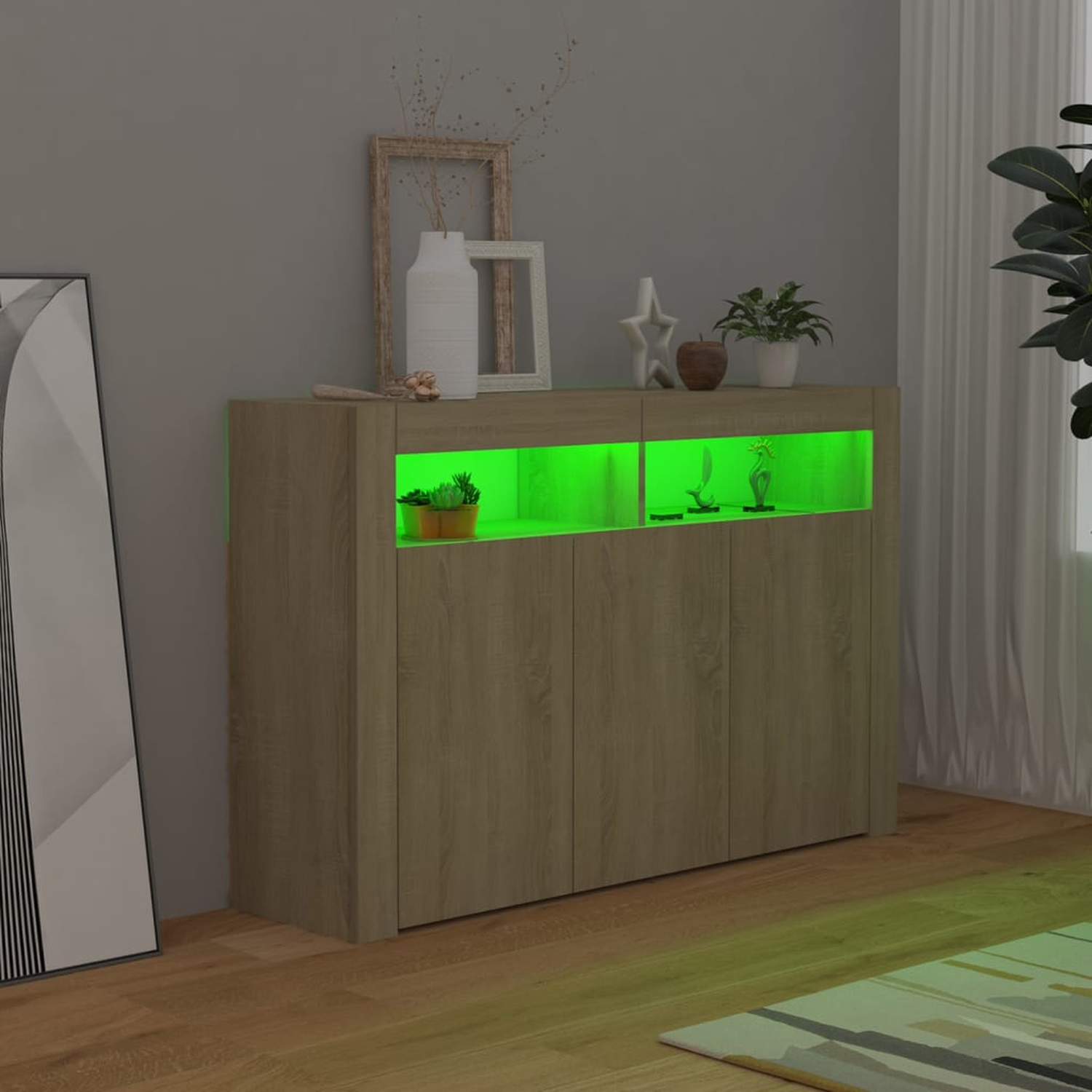 Schwarzer Schrank mit Lichtern. Dekoration oben. Graue Wand, Licht scheint.