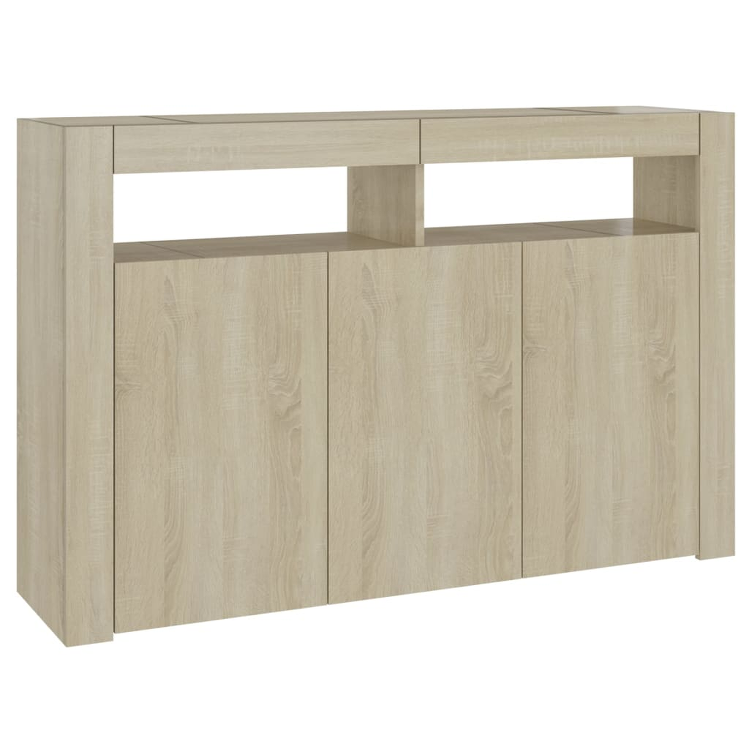 Ein heller Holzschrank mit Türen und offenen Regalen. Der Schrank steht vor weißem Hintergrund.