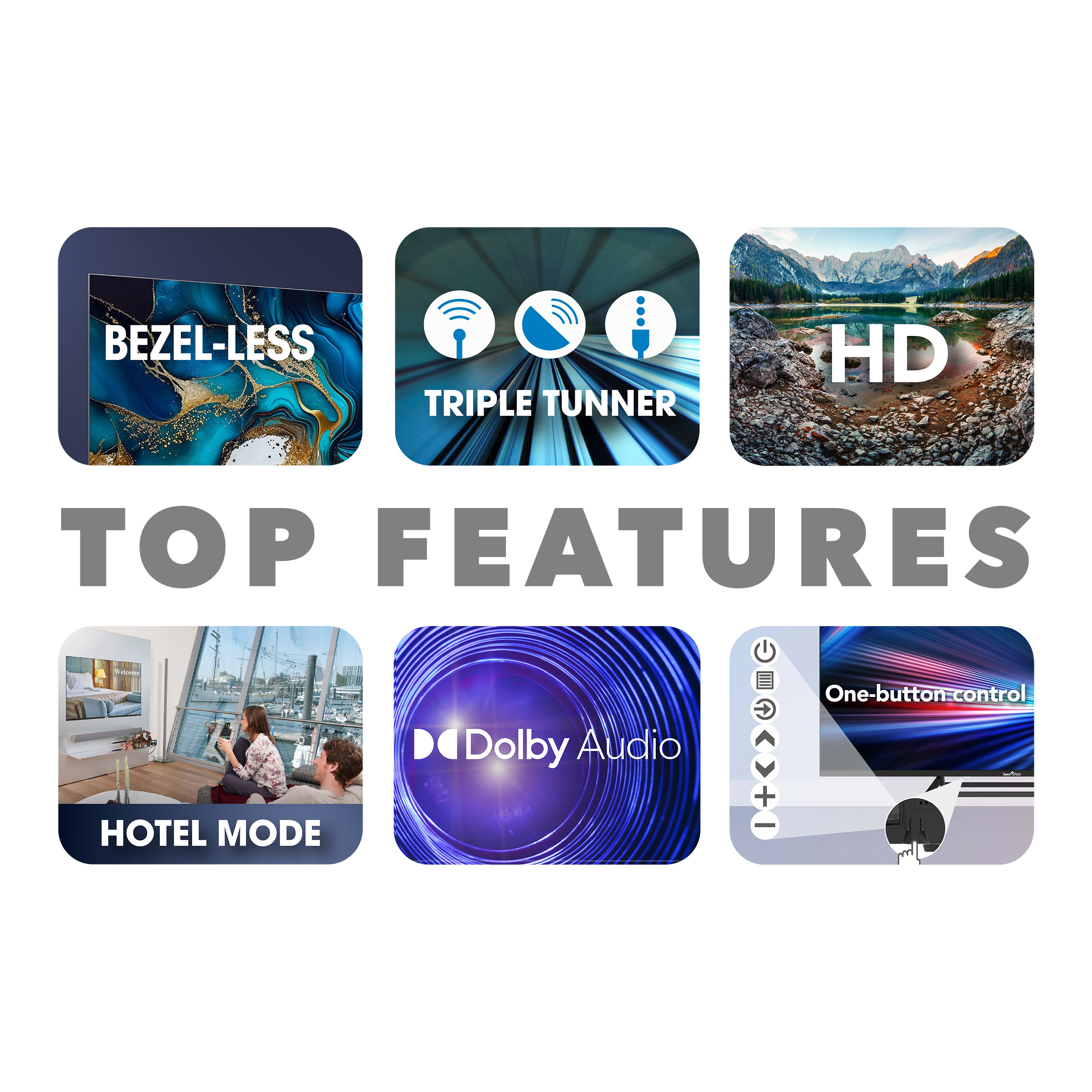 Schermo TV con caratteristiche principali: senza cornice, triplo sintonizzatore, HD, modalità hotel, audio Dolby e controllo con un pulsante.
