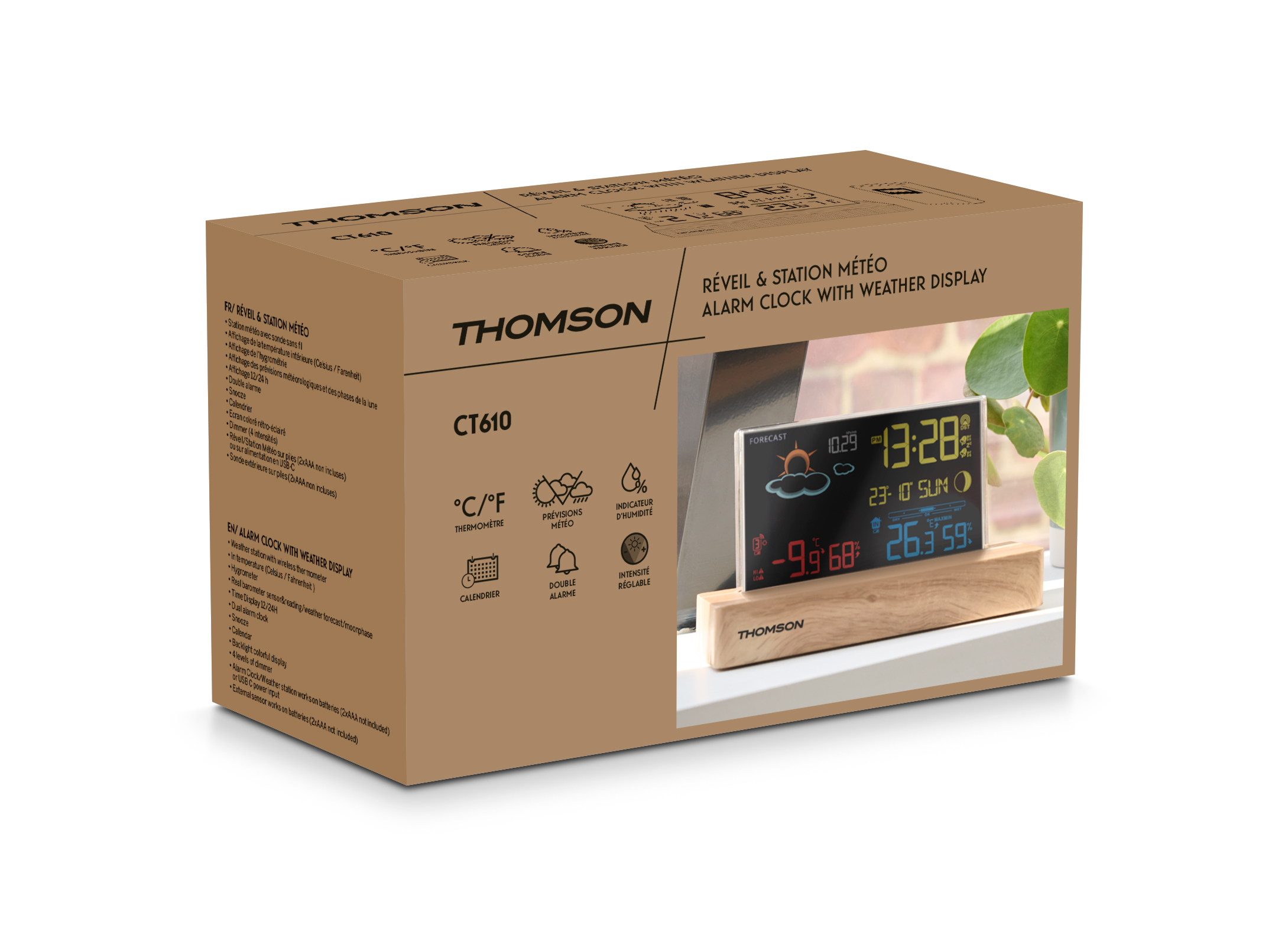 Brązowe pudełko z cyfrowym budzikiem z wyświetlaczem pogody. Pokazuje prognozę.