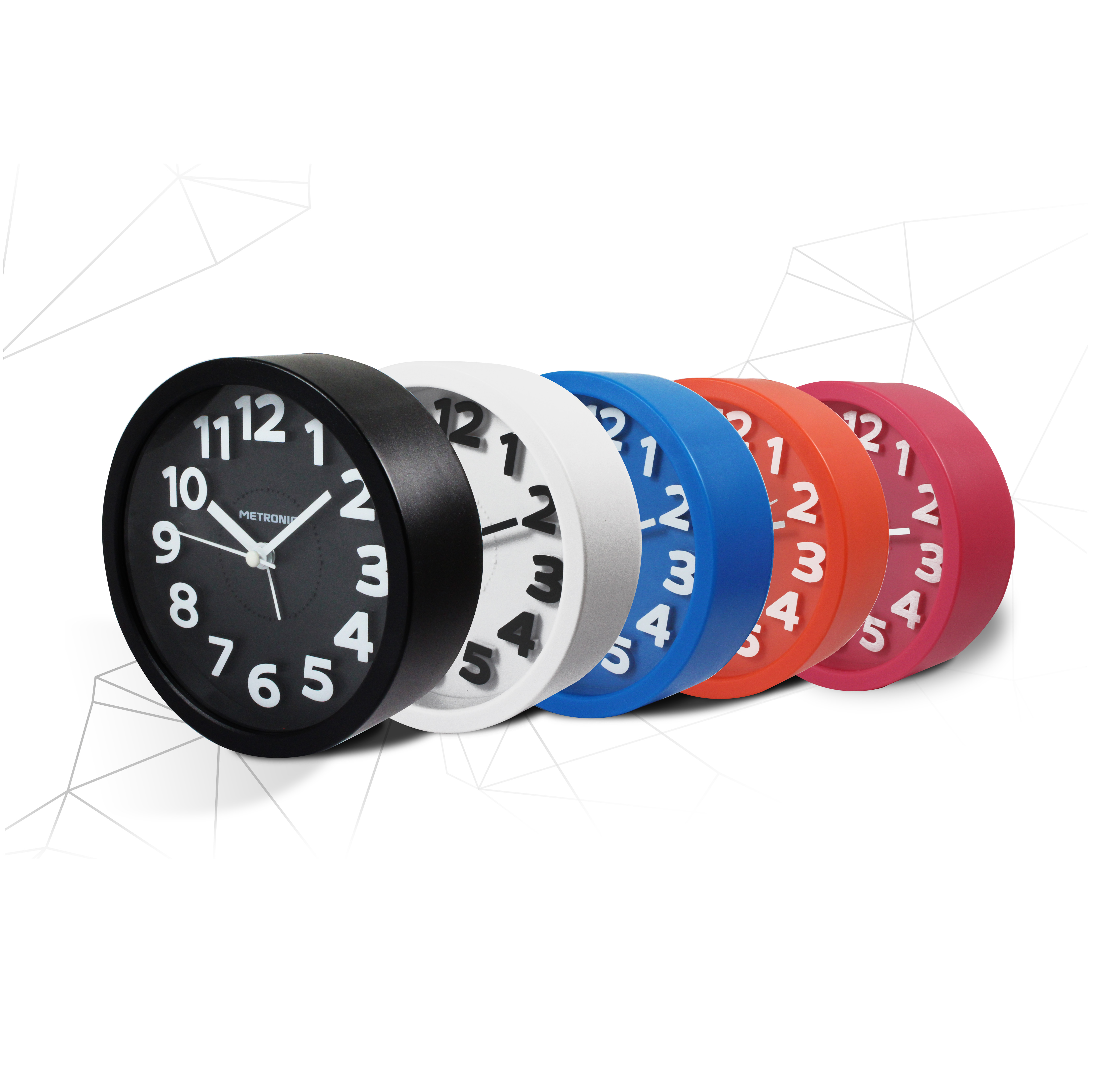 Cinco relojes de colores en fila. Cada uno tiene una caja de diferente color y una esfera negra.