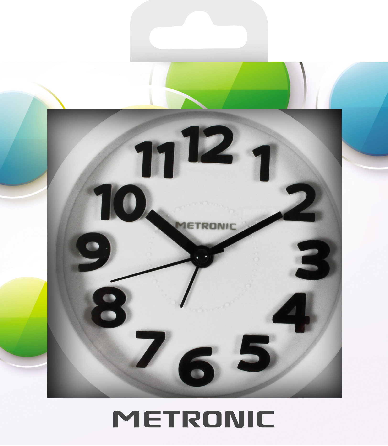 Reloj blanco con números y manecillas negras grandes dentro de una caja.