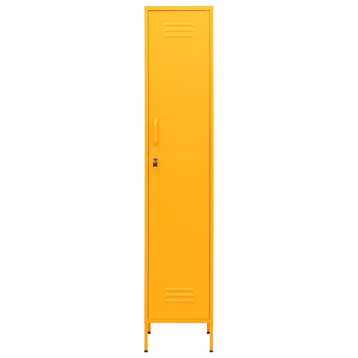 Ein hoher gelber Schrank mit Tür, Griff und Schlüsselloch, isoliert auf Weiß.