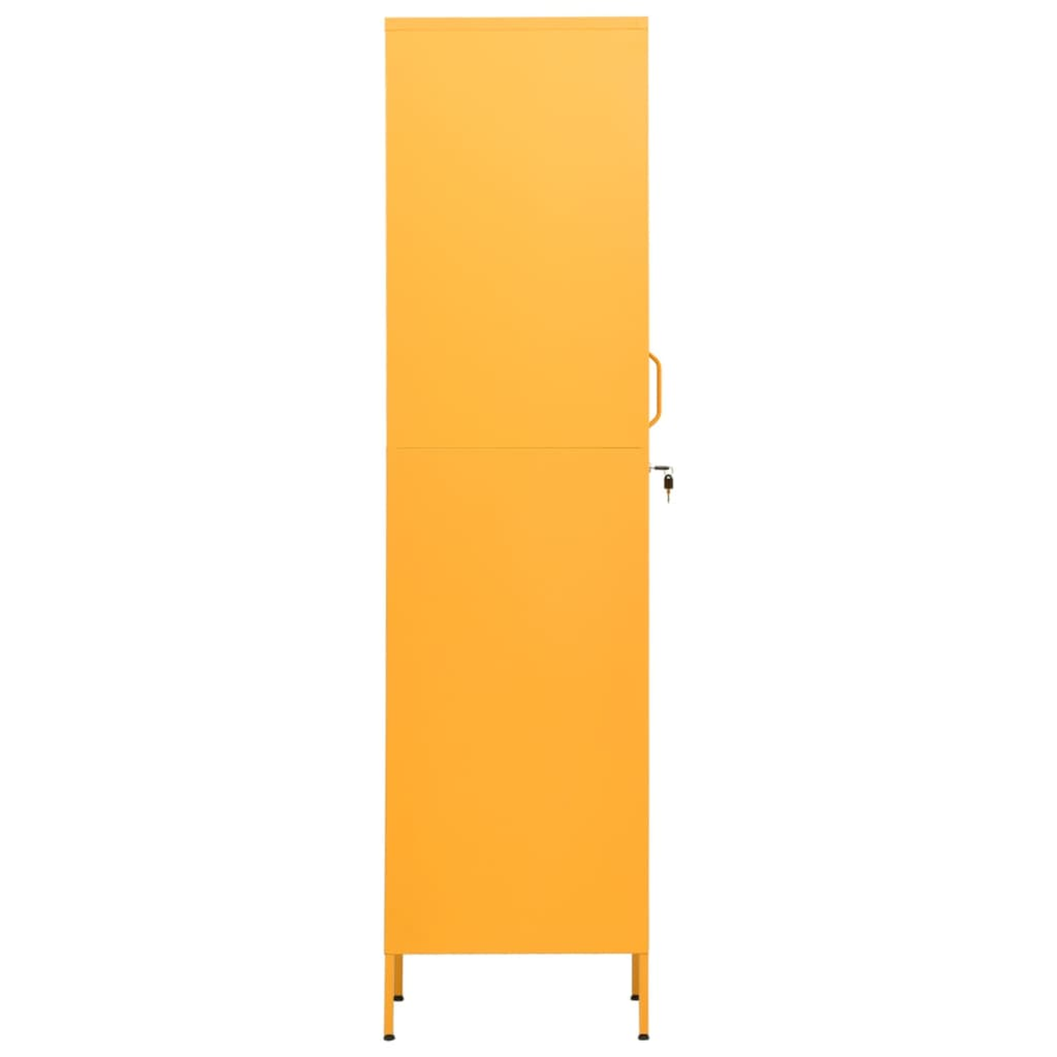 Hoher gelber Schrank mit Griff, Schlüsselloch und Beinen.