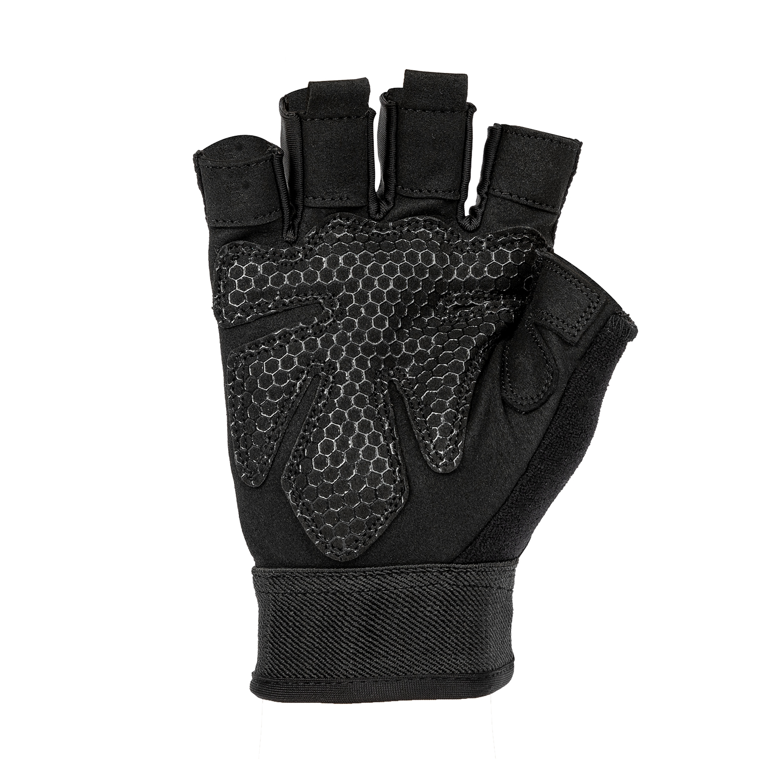 Ein schwarzer Trainingshandschuh mit Hexagon-Griffpads, fingerlosem Design und Armband.