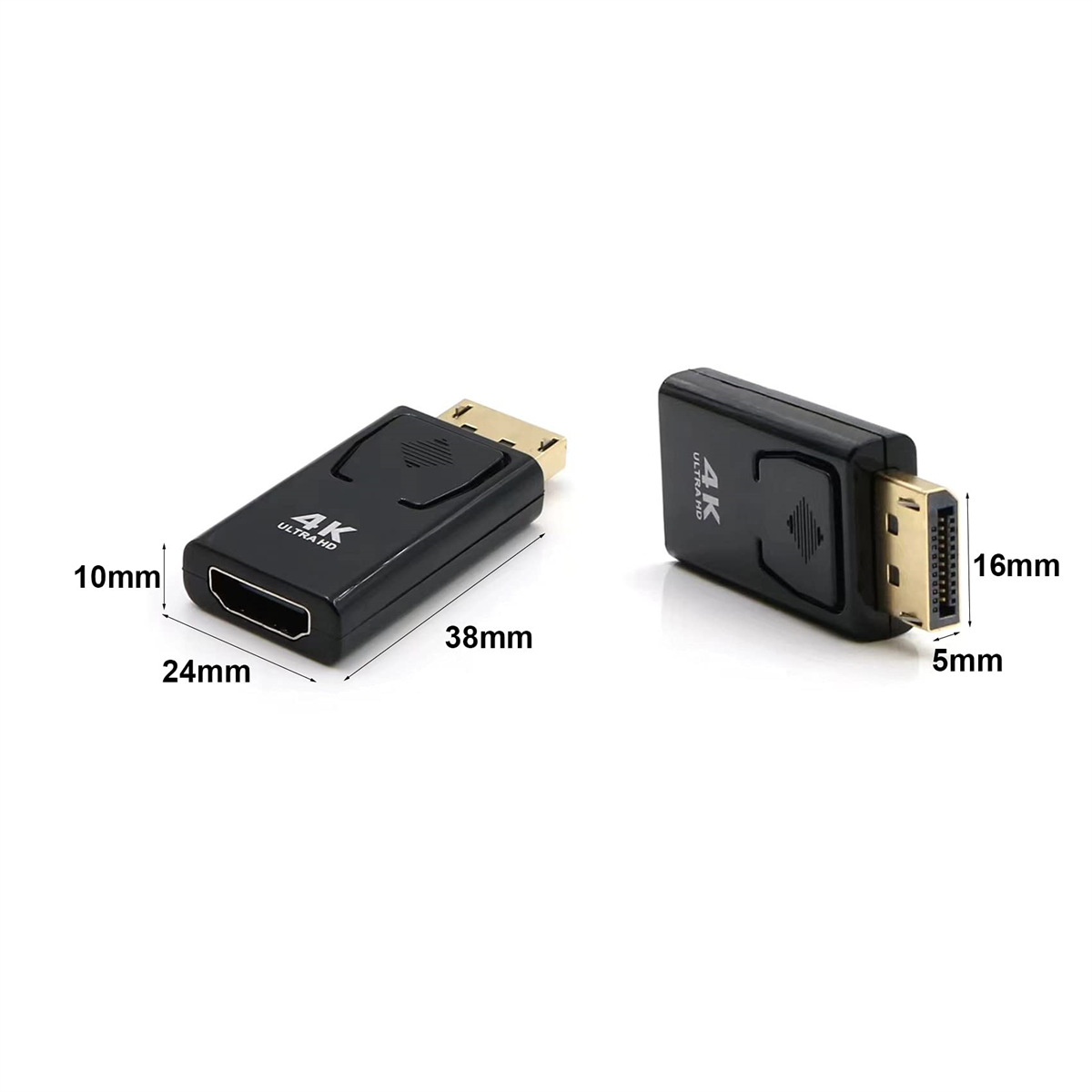 Zwei schwarze HDMI-zu-DisplayPort-Adapter, die Abmessungen zeigen. Einer ist 38 mm lang und 24 mm breit.