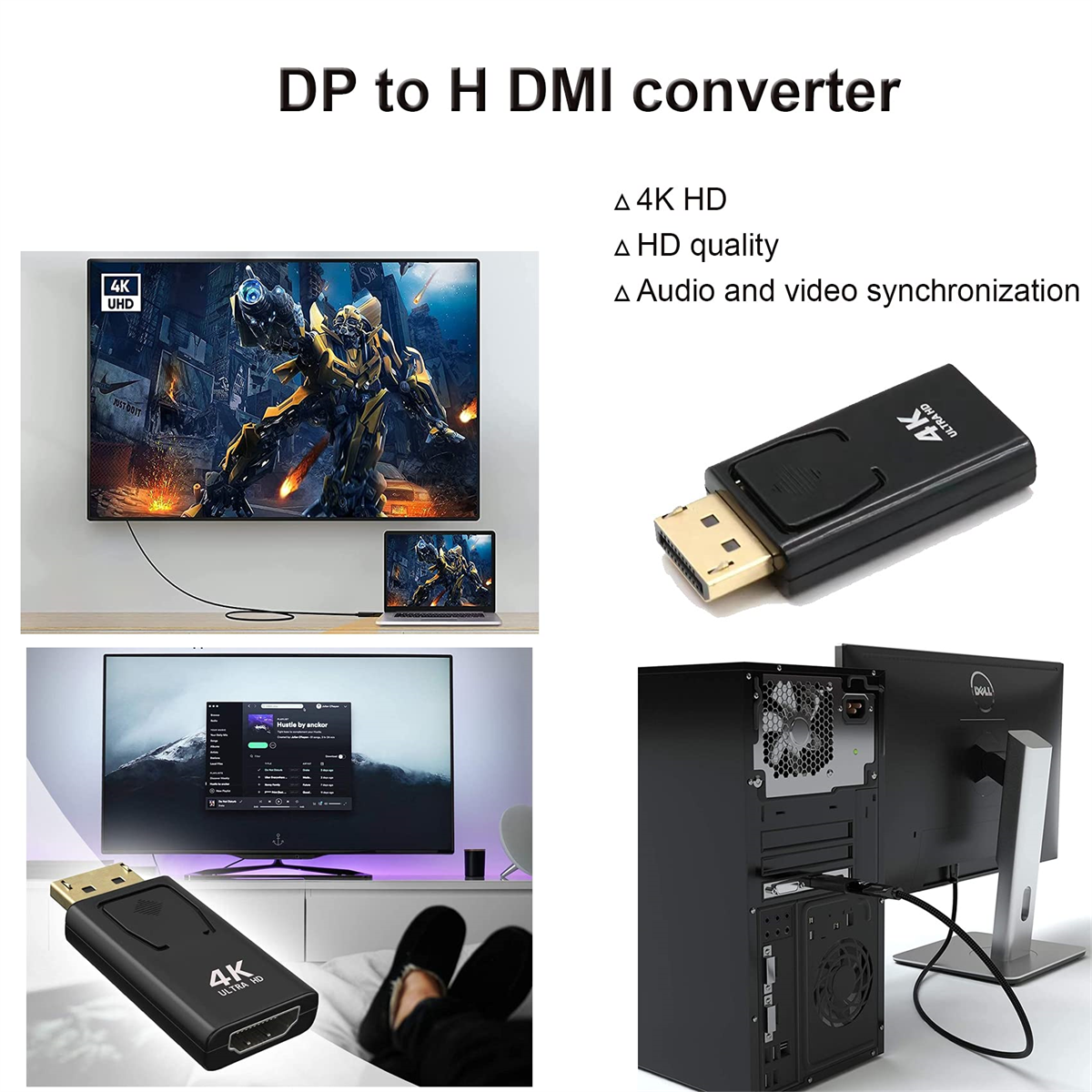 DP-zu-H DMI-Konverter mit verschiedenen Anwendungsbeispielen. Der Artikel ist schwarz. Text: '4K UHD'.