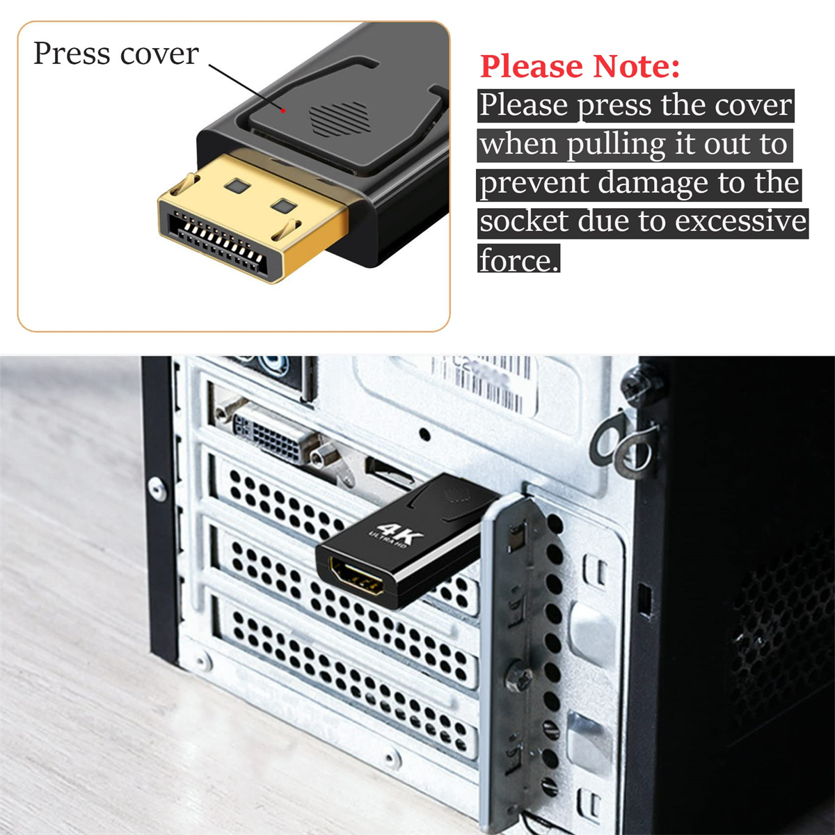 Grafikkarte in einen Computer eingesetzt, mit Nahaufnahme des Steckers.