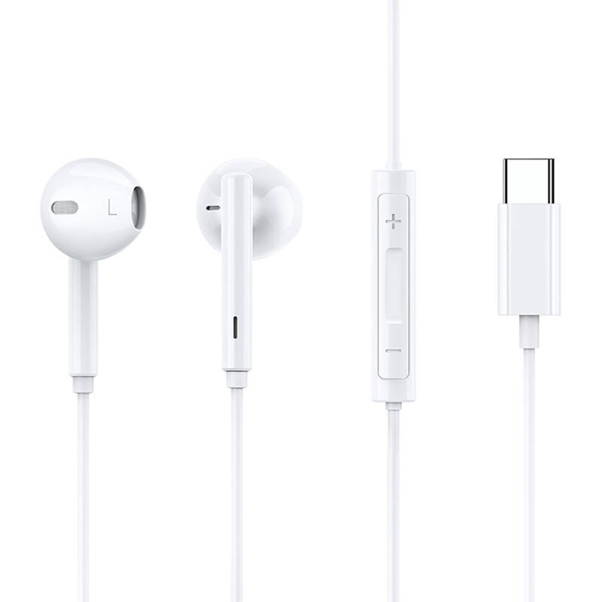 Weiße Ohrhörer mit Steuertaste und USB-C-Anschluss.