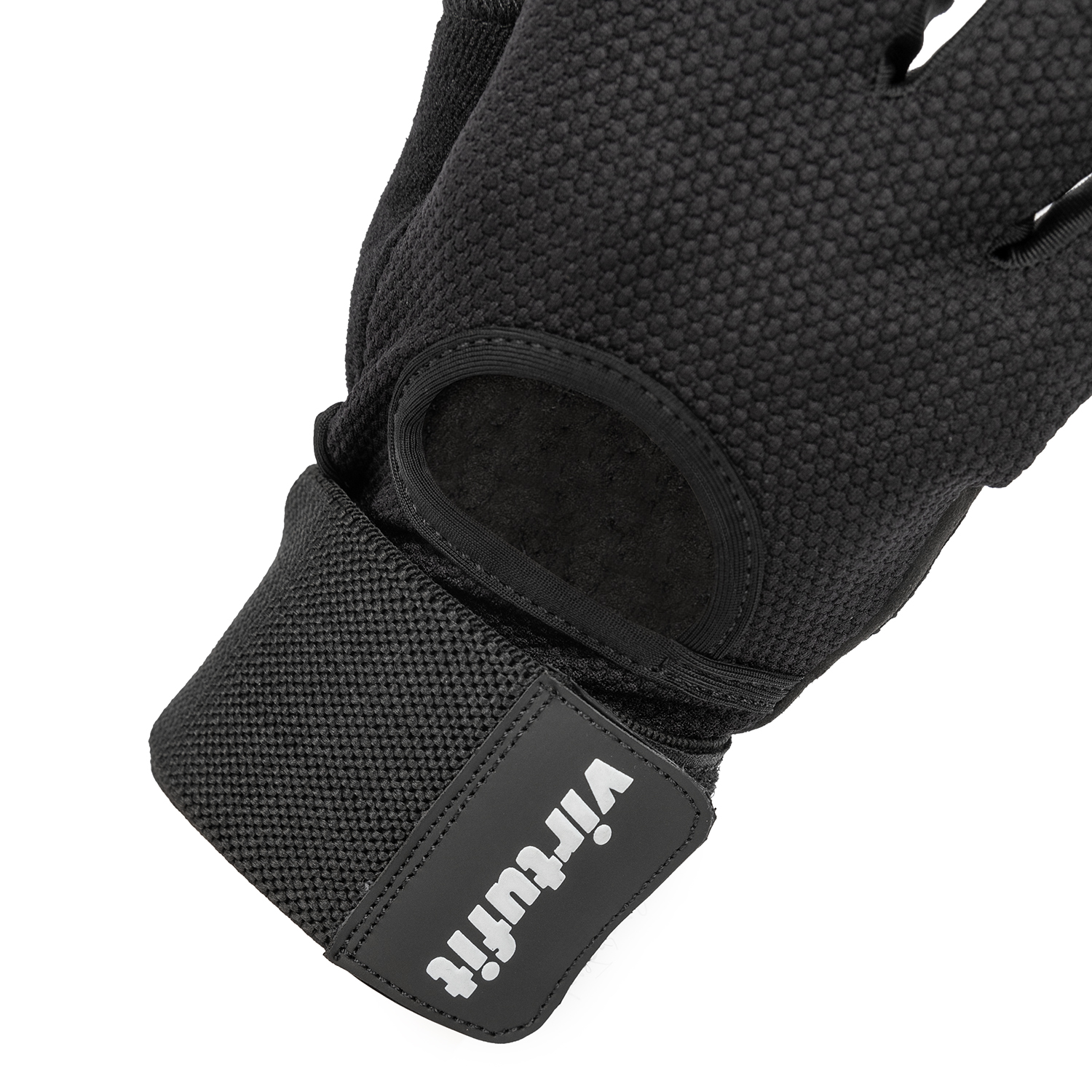 Nahaufnahme eines schwarzen Gewichthebehandschuhs mit Handgelenkstütze und dem Markennamen virtufit.