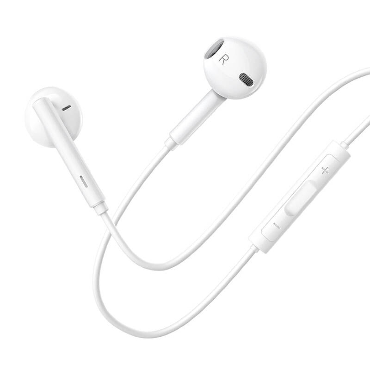 Weiße In-Ear-Kopfhörer mit Fernbedienung und weißem Kabel.