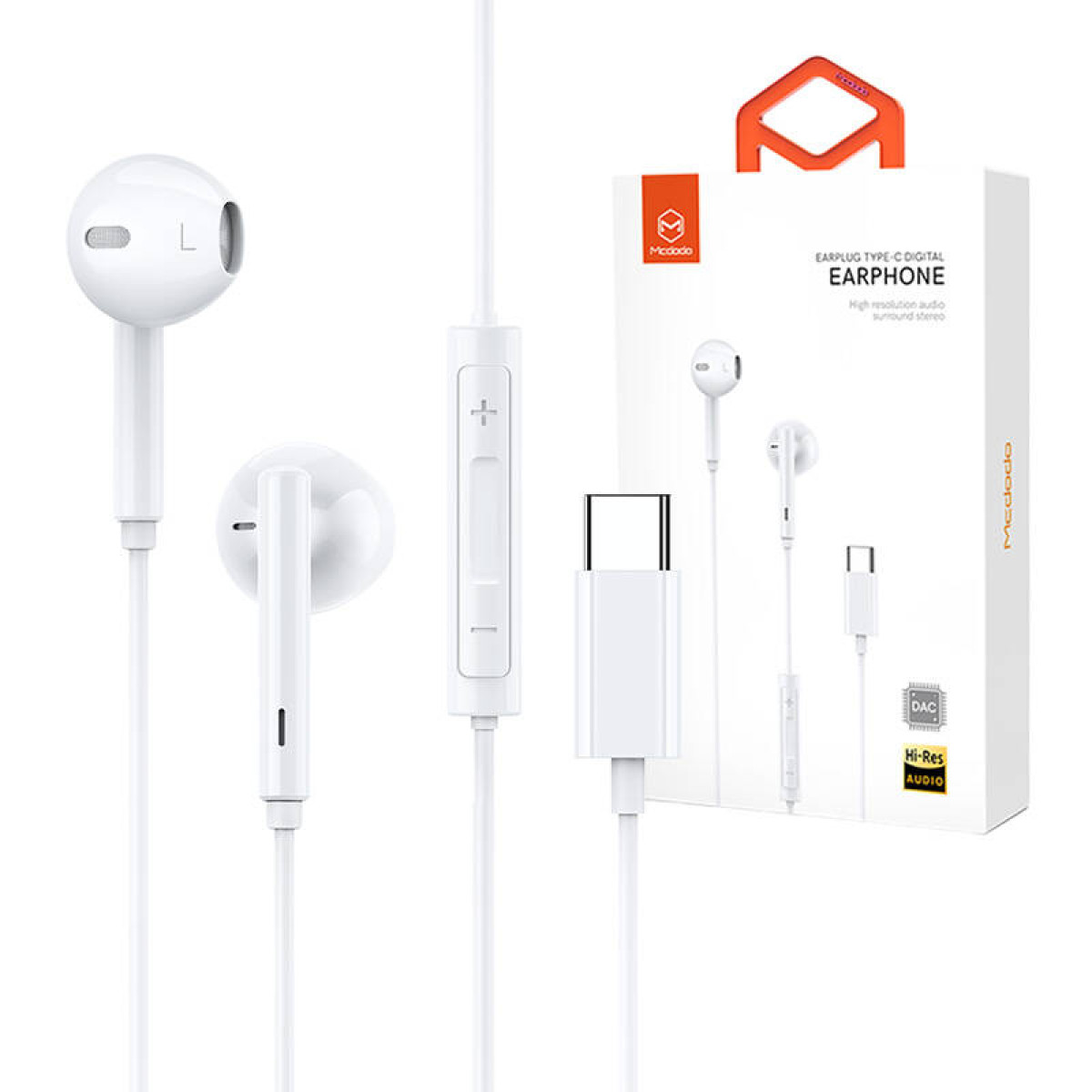 Weißes Kopfhörerset, Kopfhörergehäuse und USB-C-Kabel in Verpackung.
