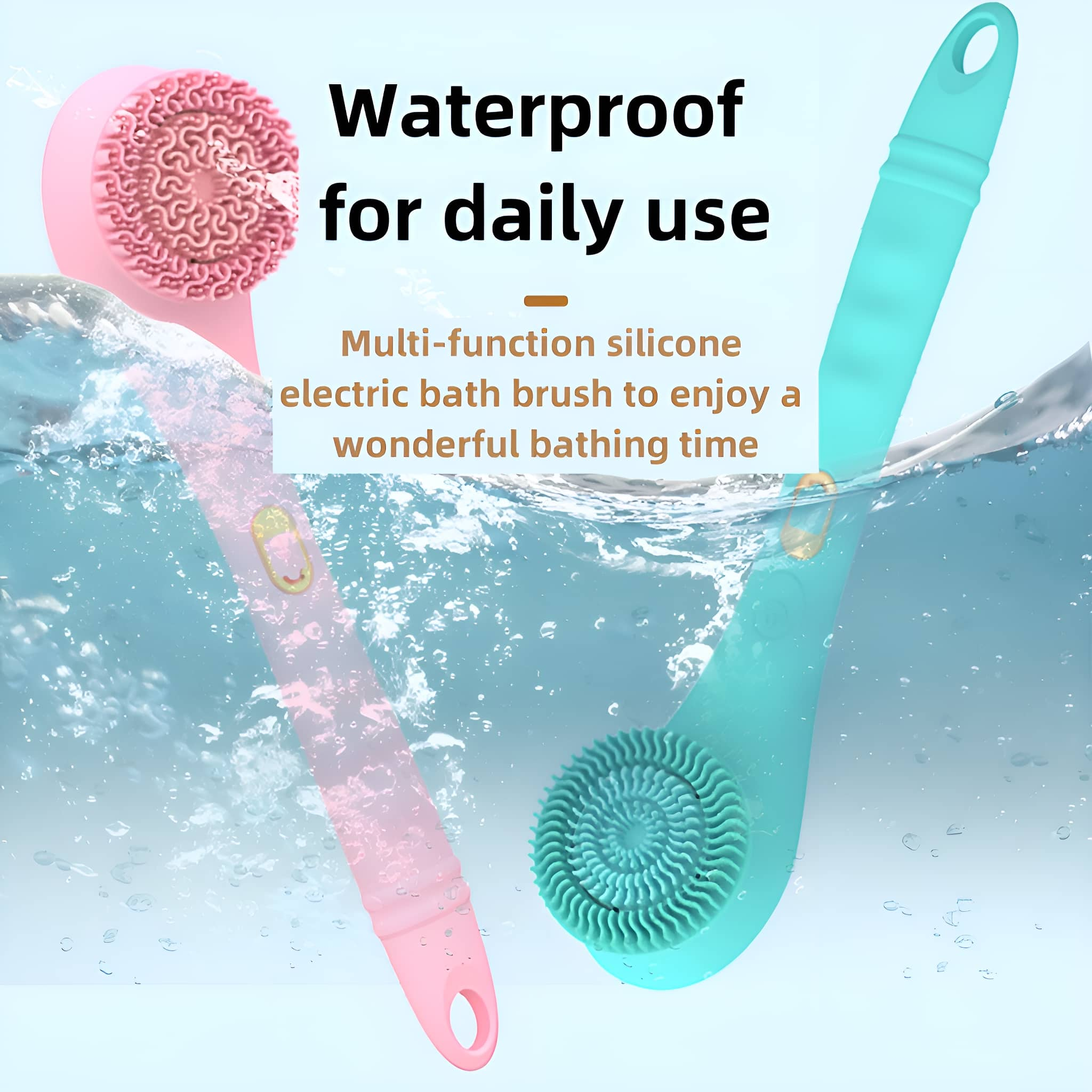 Zwei elektrische Badebürsten, rosa und blaugrün, mit Wasserspritzern. Text: Wasserdicht für den täglichen Gebrauch.