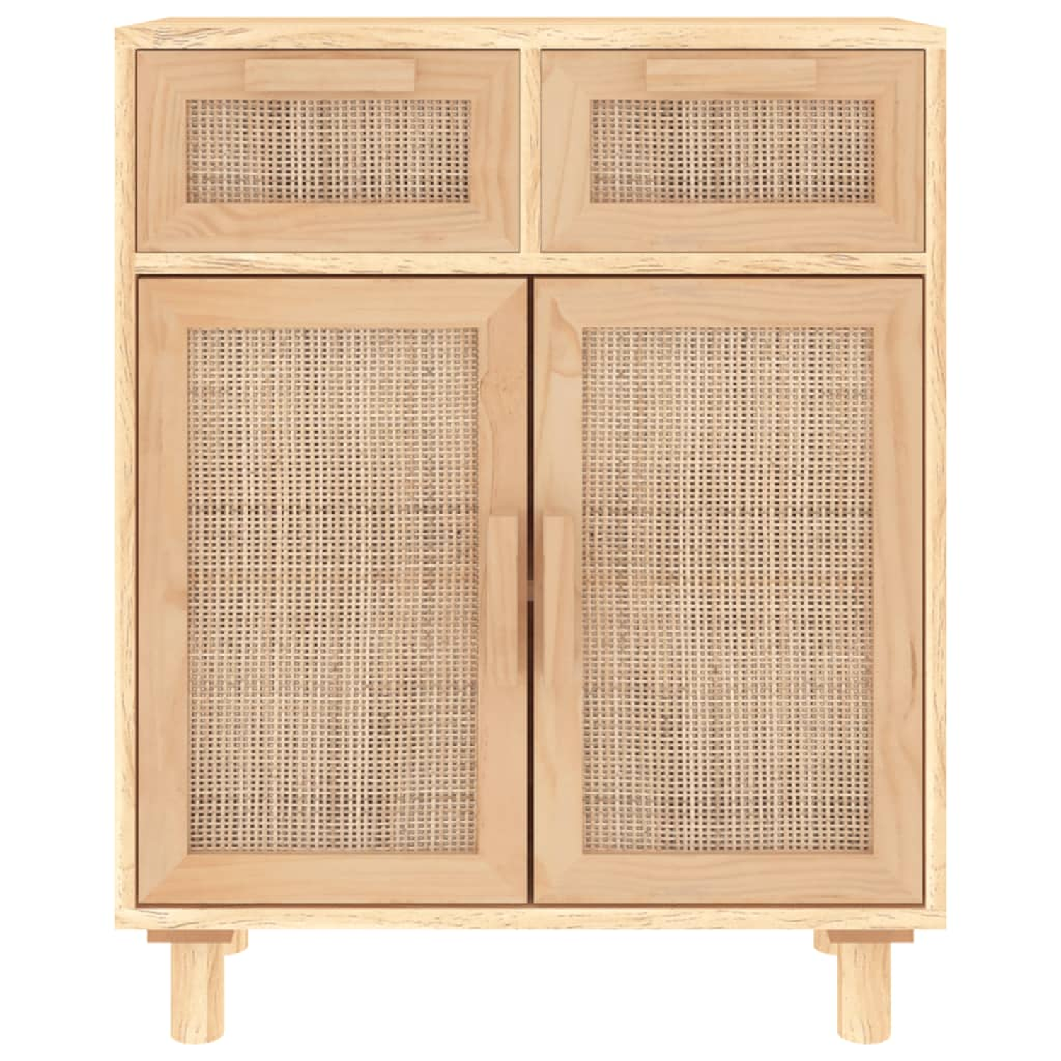 Holzschrank mit zwei oberen und zwei unteren Türen mit gewebten Rattangehäusen und Beinen.