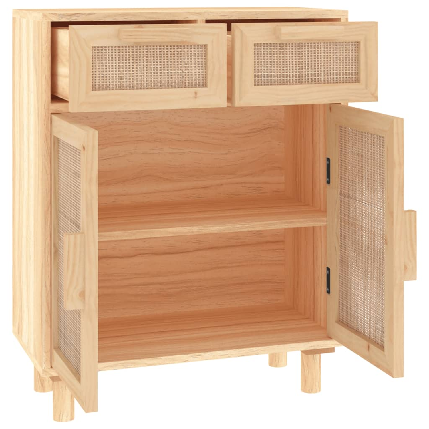 Holzschrank mit zwei Türen und Schubladen. Türen haben gewebte Einsätze.