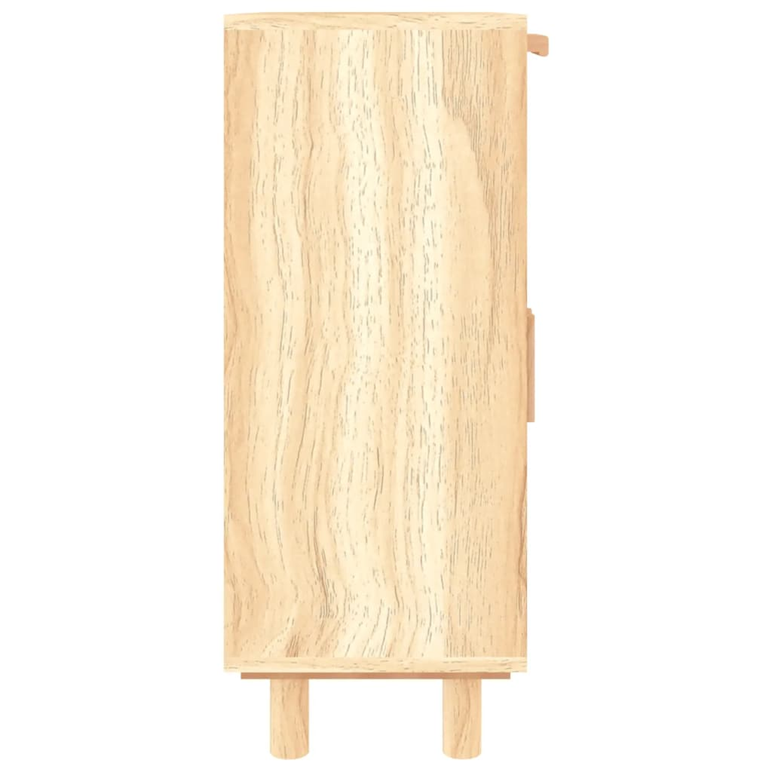 Seitenansicht eines Holzschranks, der die Holzmaserung und zwei kleine Beine zeigt.