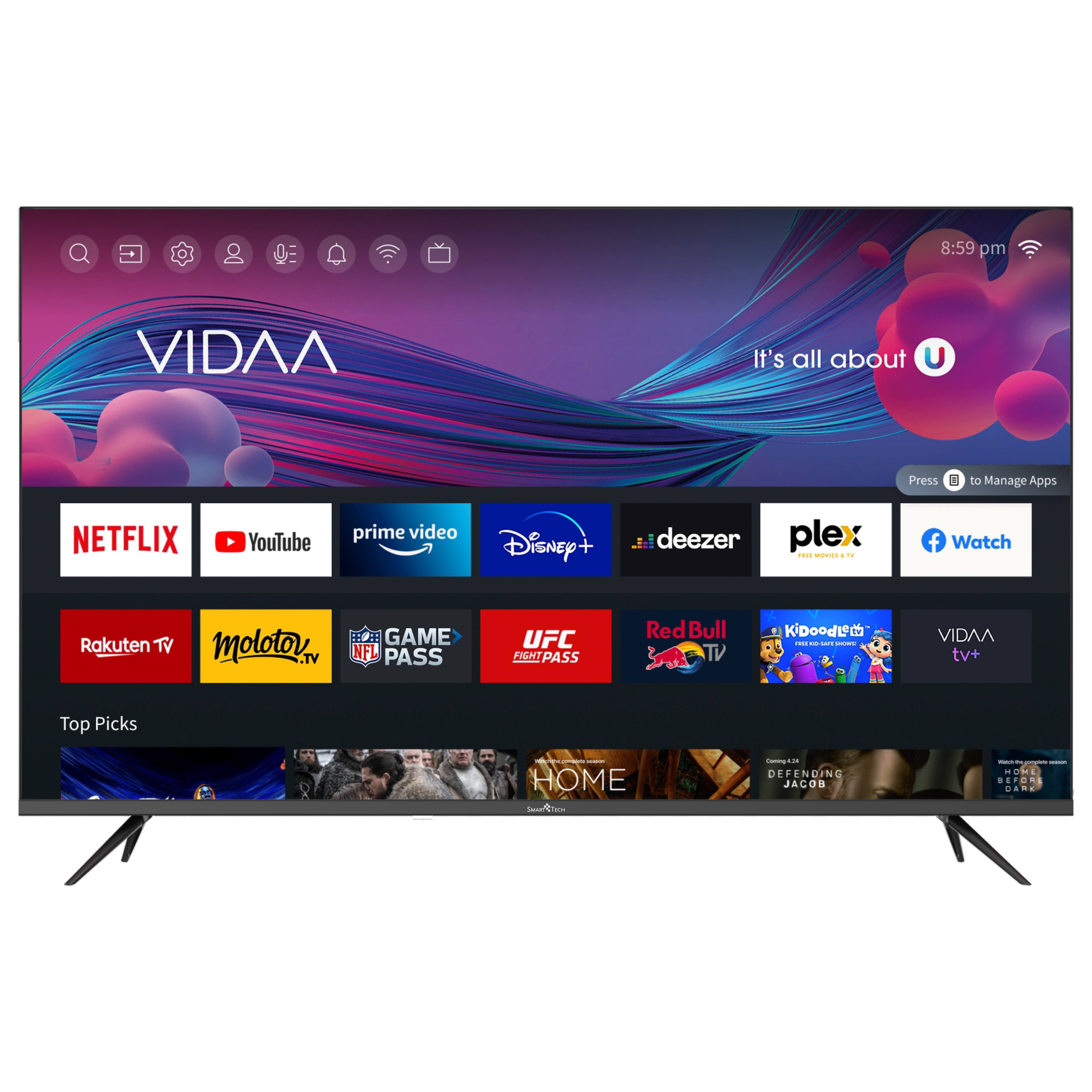 Duży ekran telewizora, wyświetlający ikony aplikacji. Telewizor ma podstawę i jest czarny.