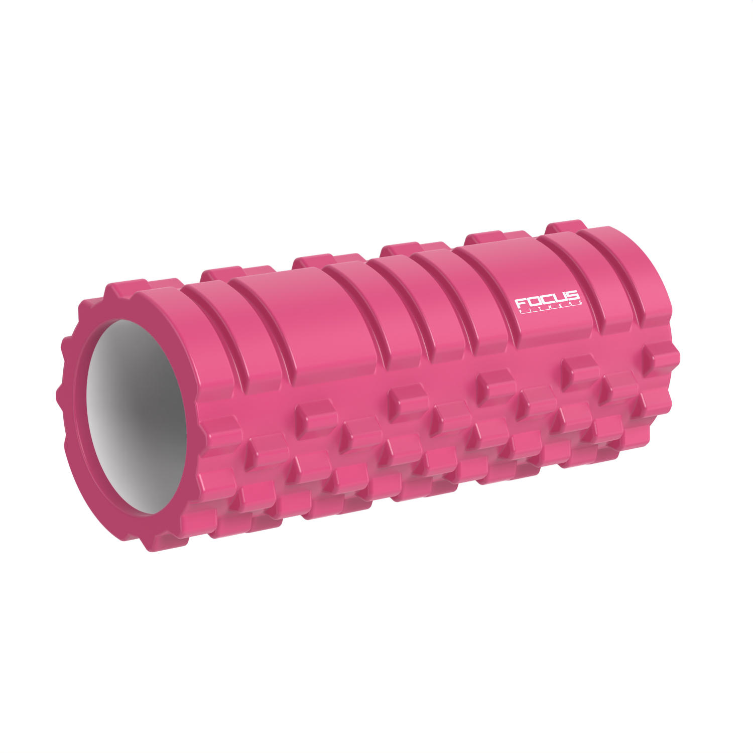 Roze foamroller met textuuroppervlak. Focus logo staat op de zijkant.