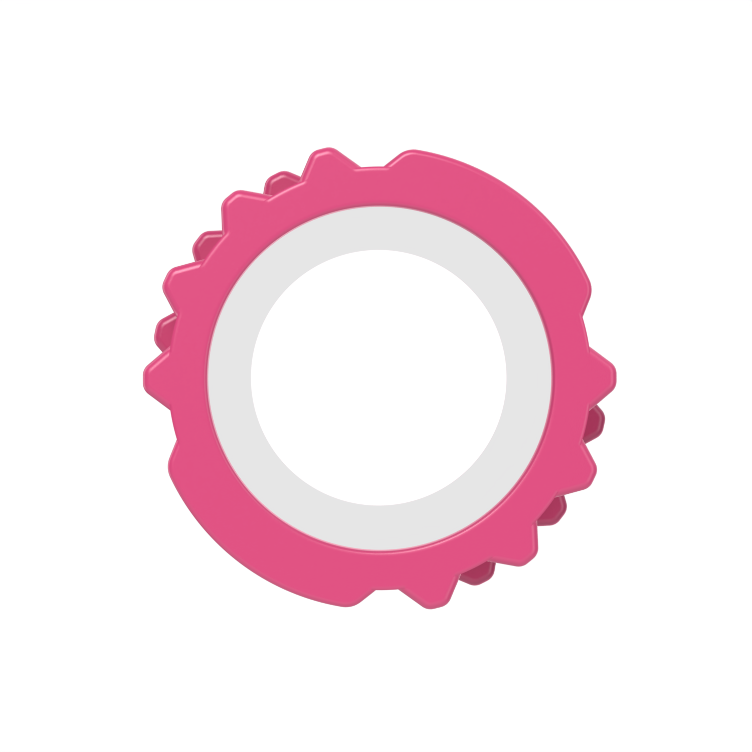 Een roze, cirkelvormig object met een witte binnenste cirkel. Het heeft een getextureerde rand.