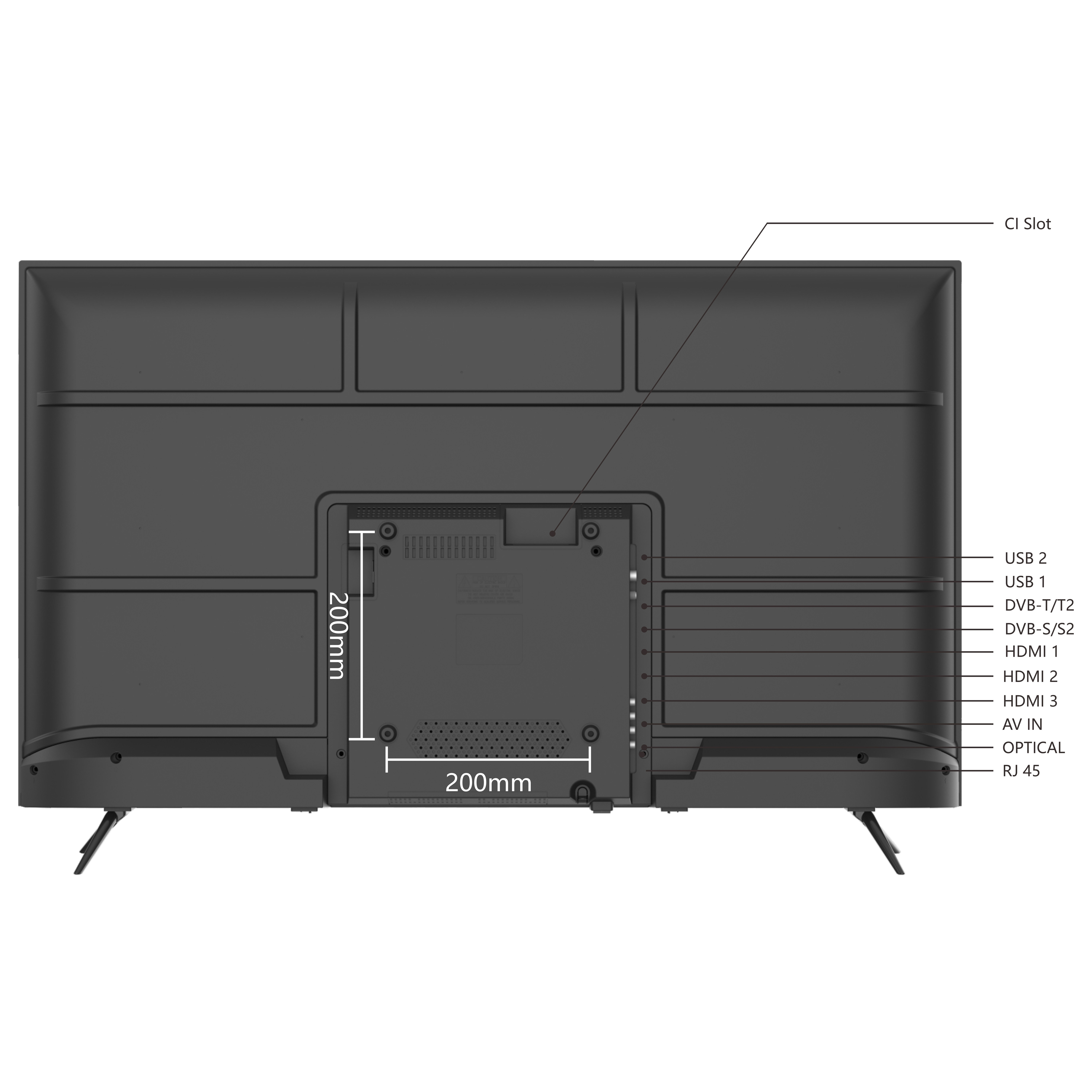Tył czarnego telewizora z portami: USB, HDMI i innymi, z wymiarami: 200 mm x 200 mm.