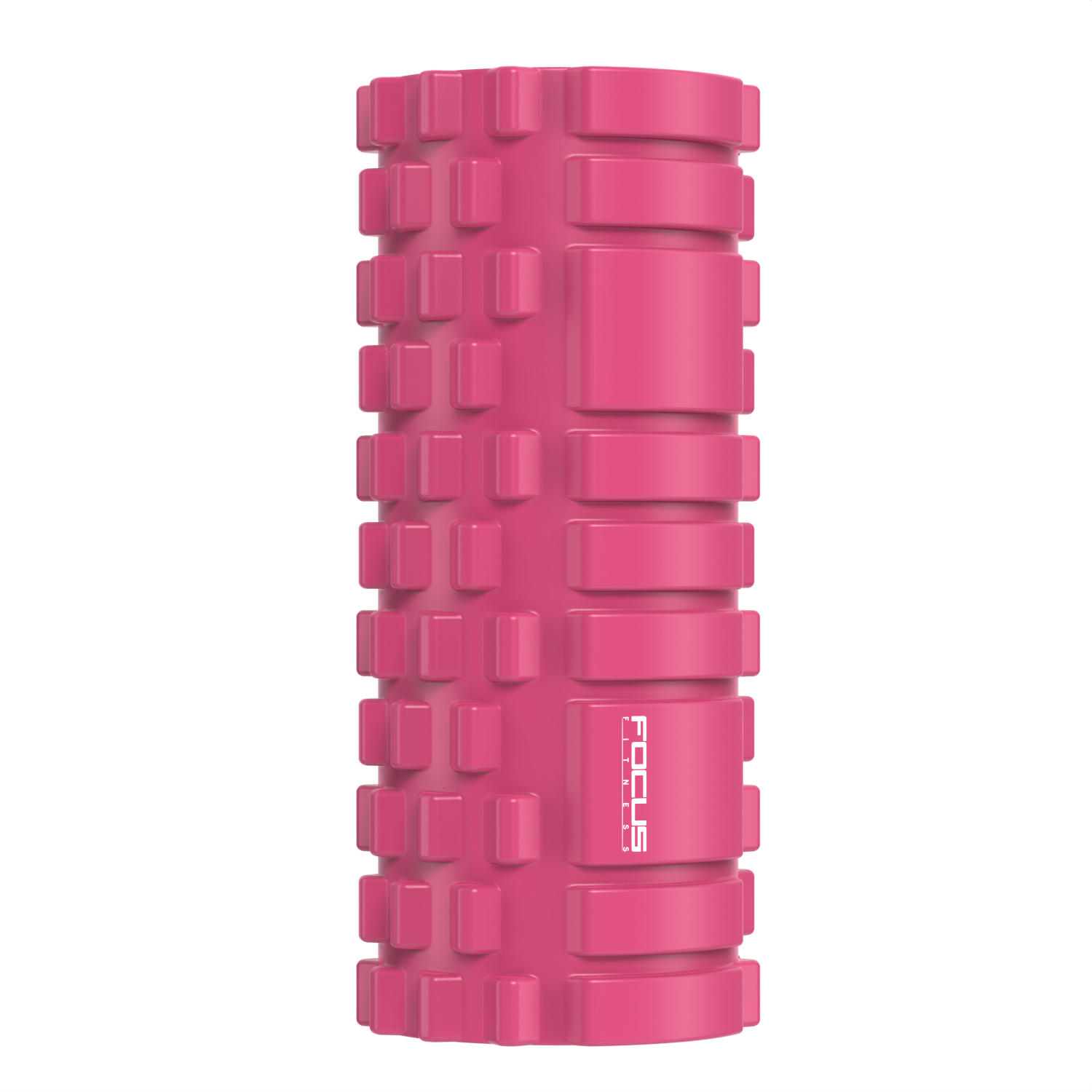 Roze foamroller met een getextureerd oppervlak. Focus FITNESS logo staat op de zijkant. De achtergrond is wit.