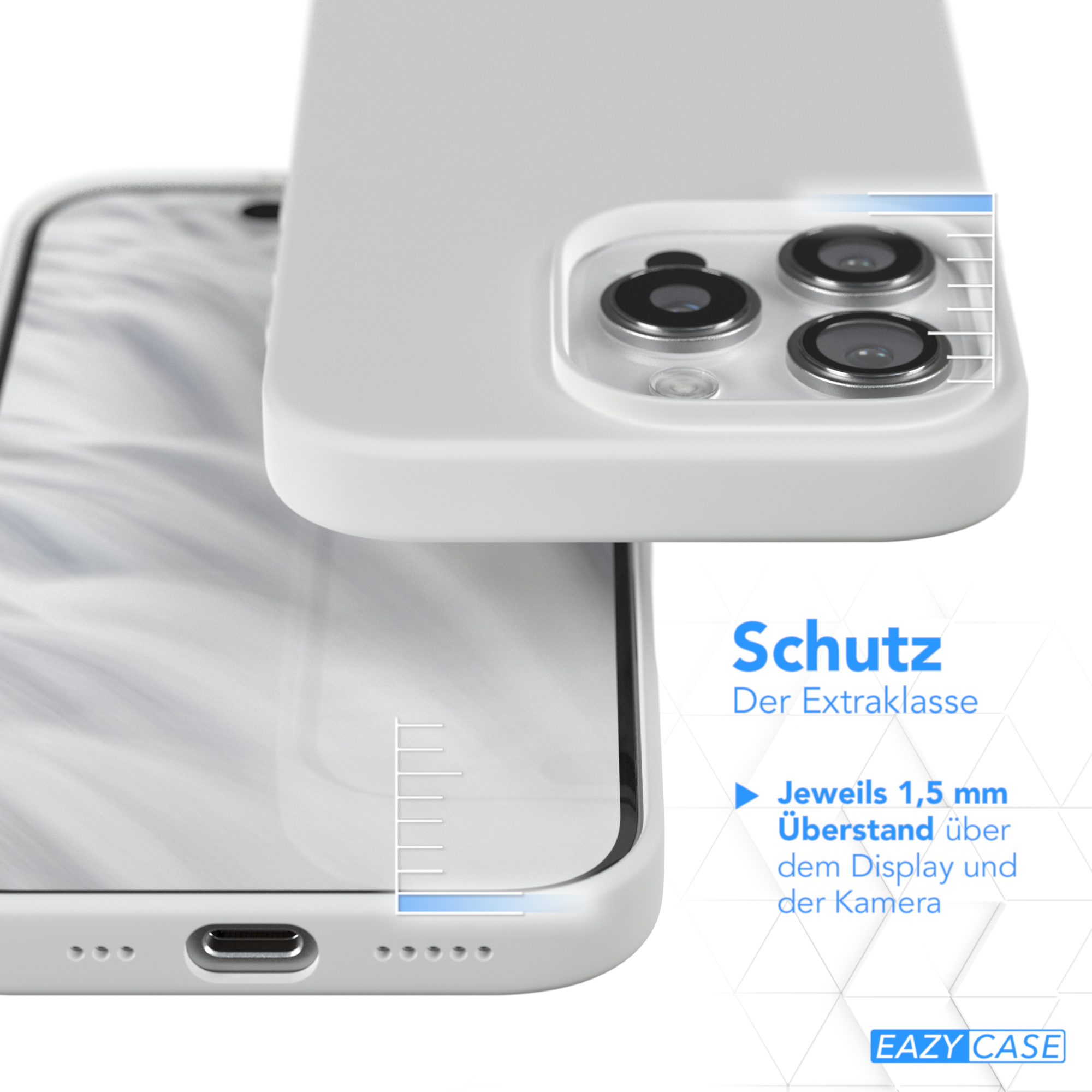 Eine weiße Handyhülle mit einem Telefon darin. Es hat einen Kamerabereich mit Schutzschicht.