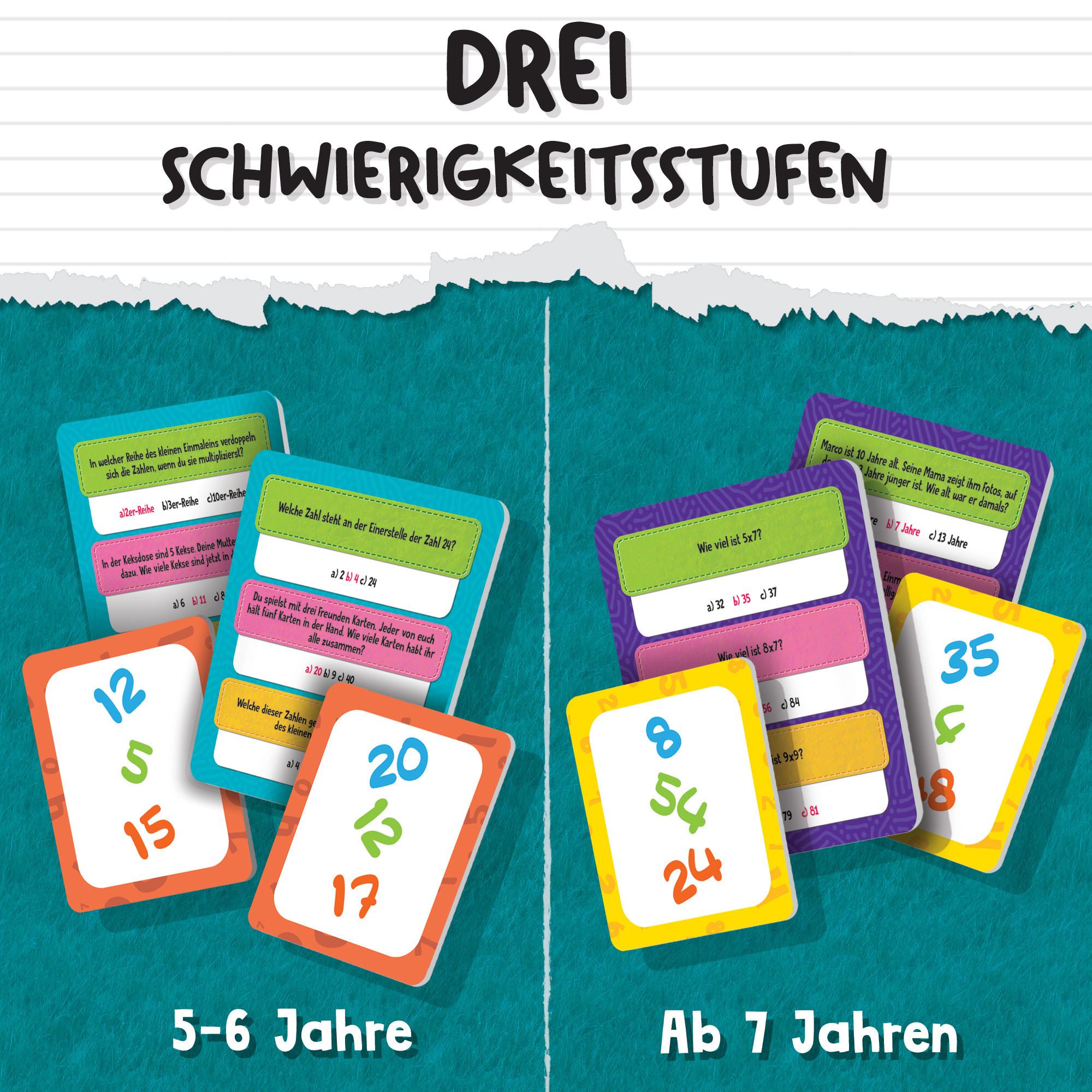 Lernkarten mit Fragen und Antworten. Text auf Deutsch, mit verschiedenen Schwierigkeitsgraden.